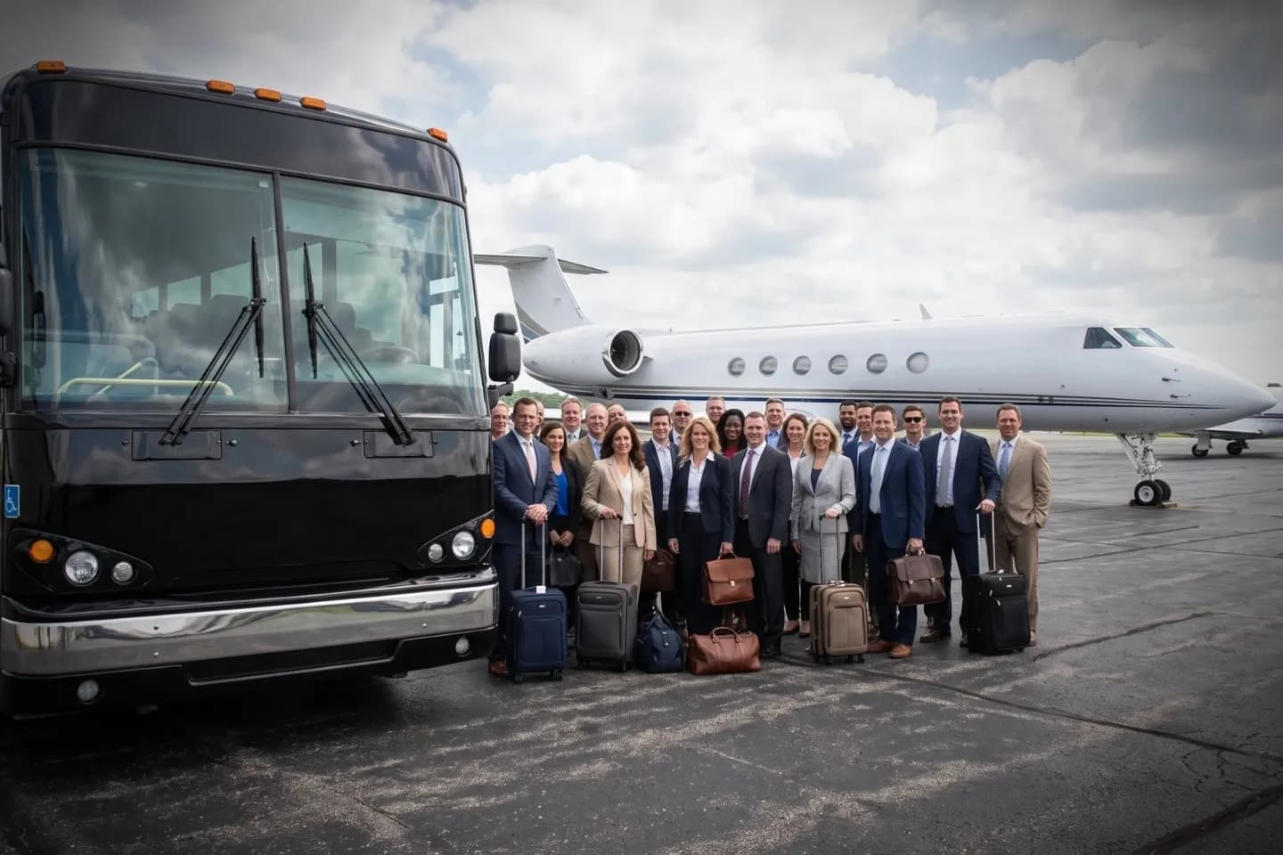 Interior view of a Williamsport Airport charter bus with reclining seats