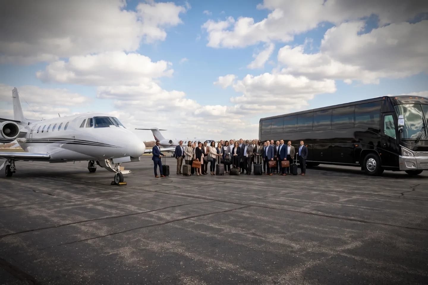 Group travelers waiting beside a charter bus at Williamsport Regional Airport