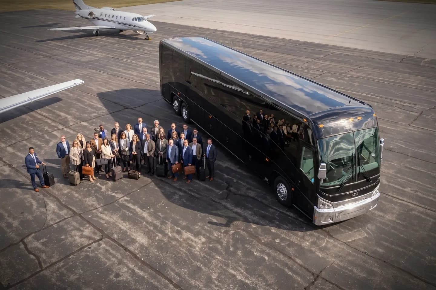 Chauffeur stowing suitcases in an IPT Airport charter bus luggage bay