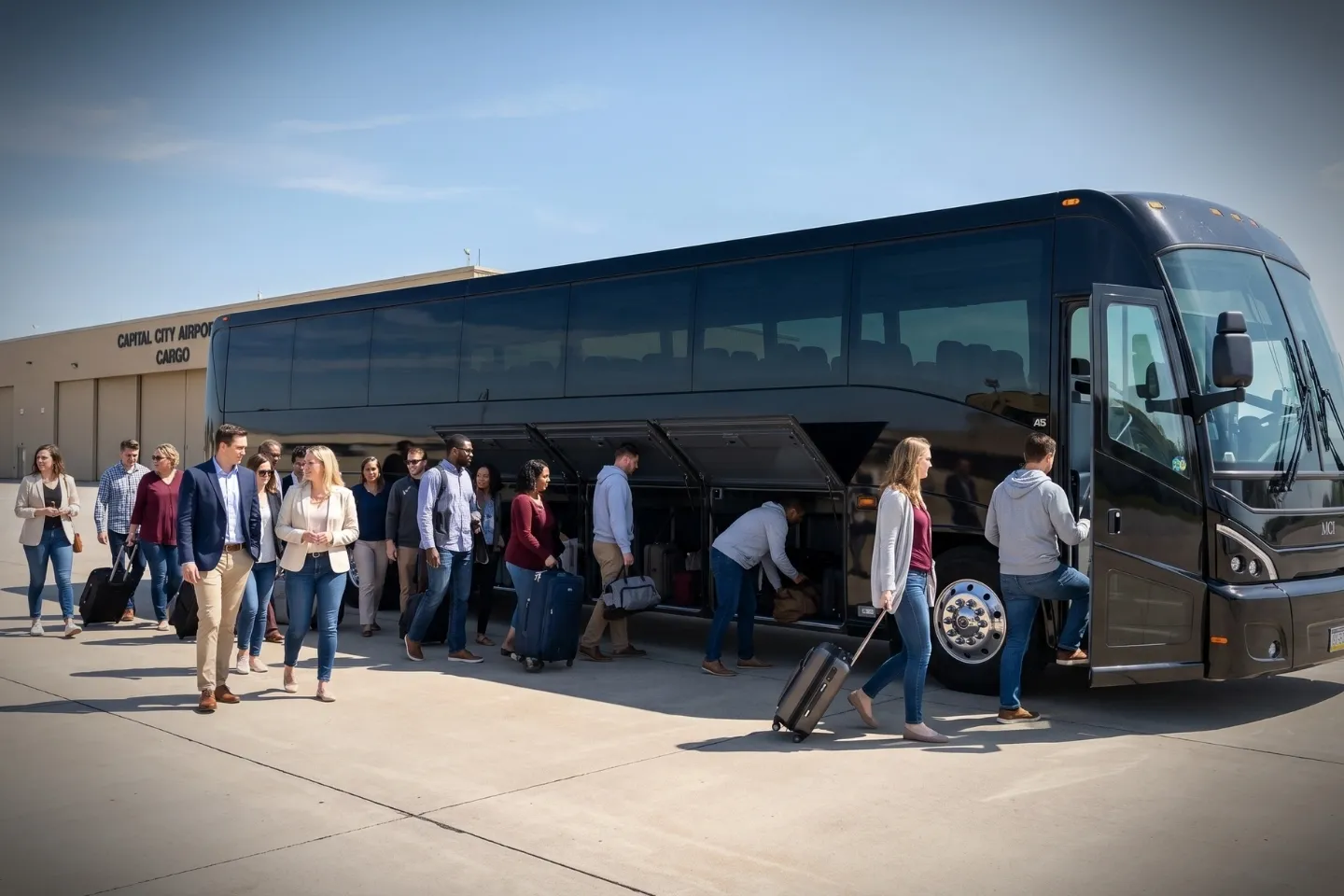 Travelers boarding a motor coach outside Capital City Airport near Harrisburg