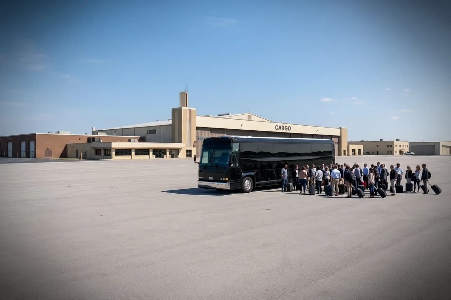 Charter bus rental parked at the Capital City Airport CXY terminal in New Cumberland