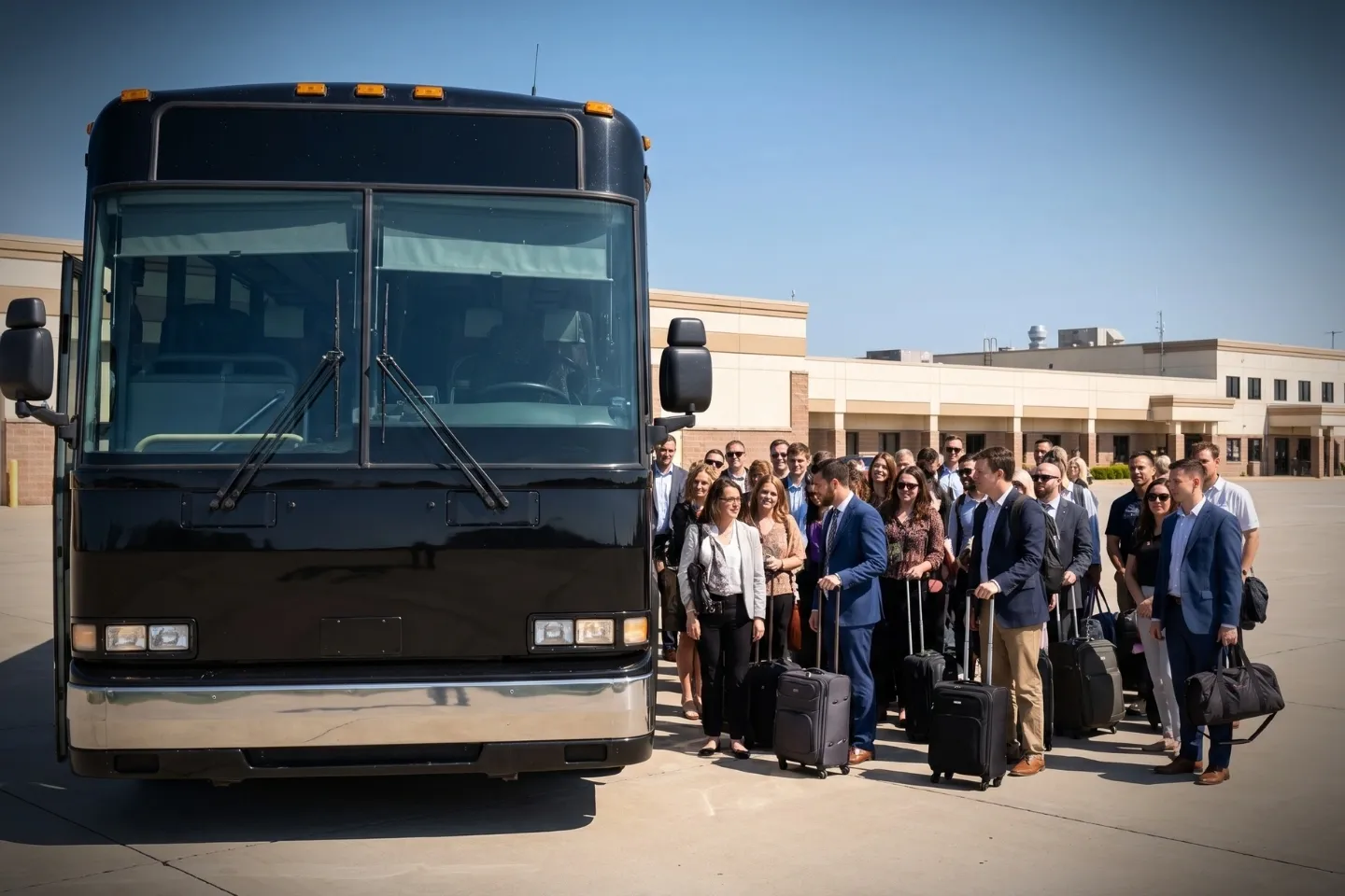 Group waiting beside a charter bus at Capital City Airport in Pennsylvania