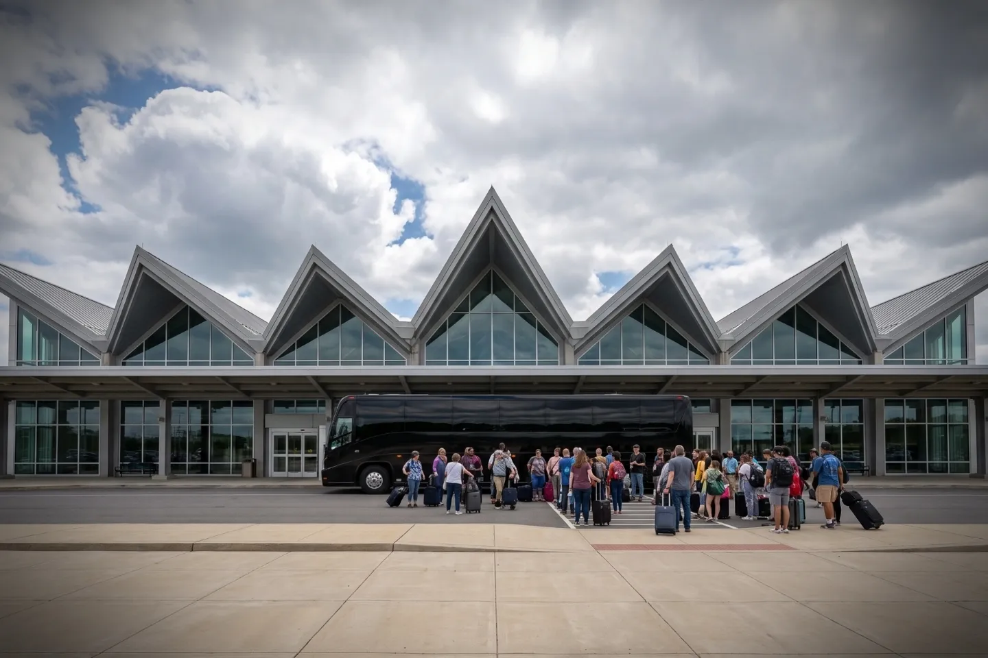Passengers stepping onto a charter bus rental at Reading Regional Airport