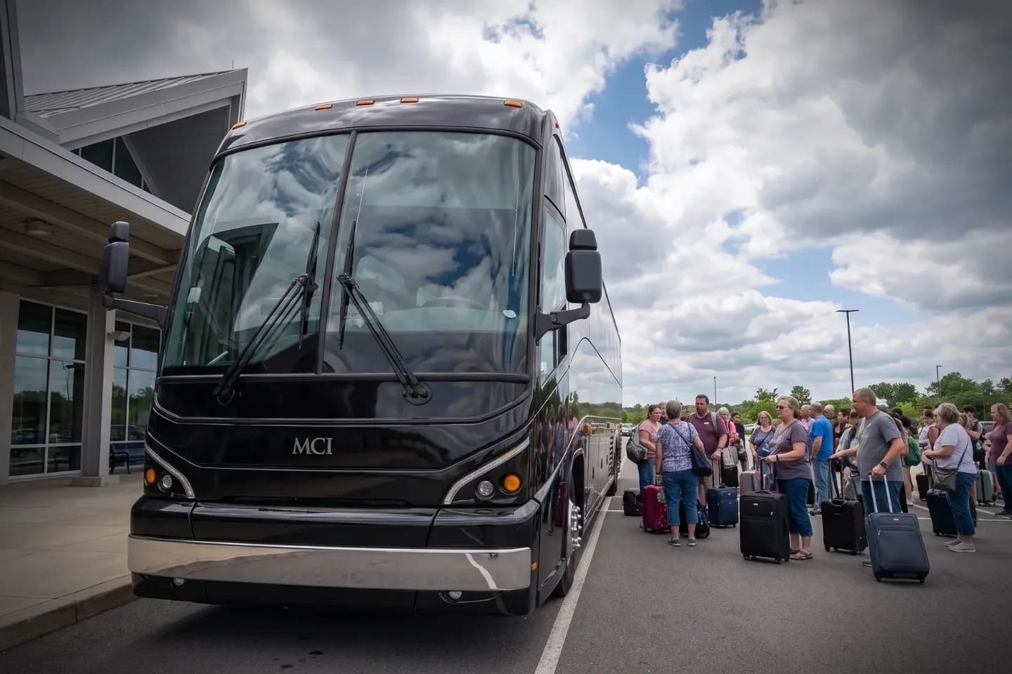 Group travelers gathered beside an RDG Airport charter bus before departure