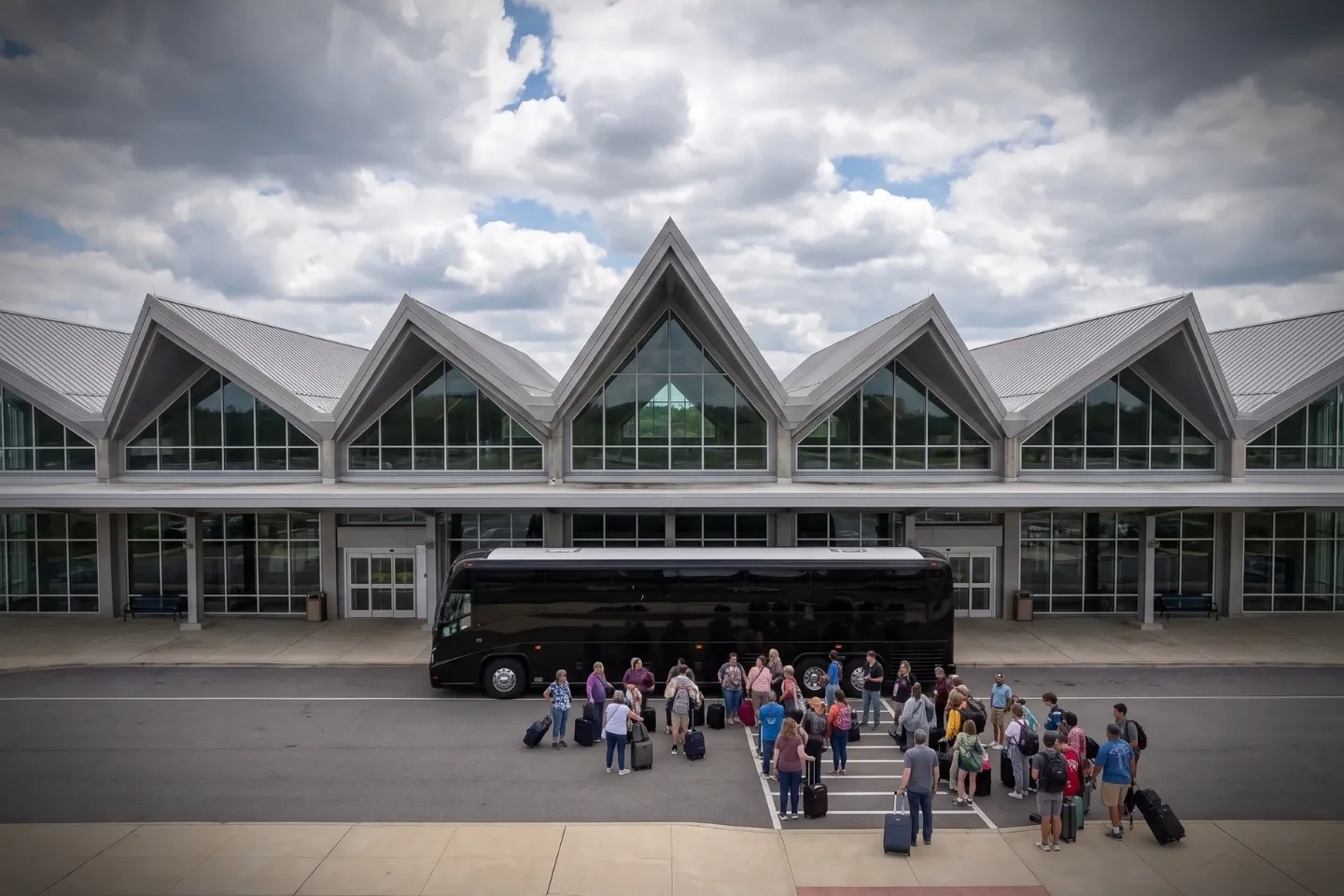 Motor coach waiting outside the Reading Regional Airport RDG terminal in Pennsylvania