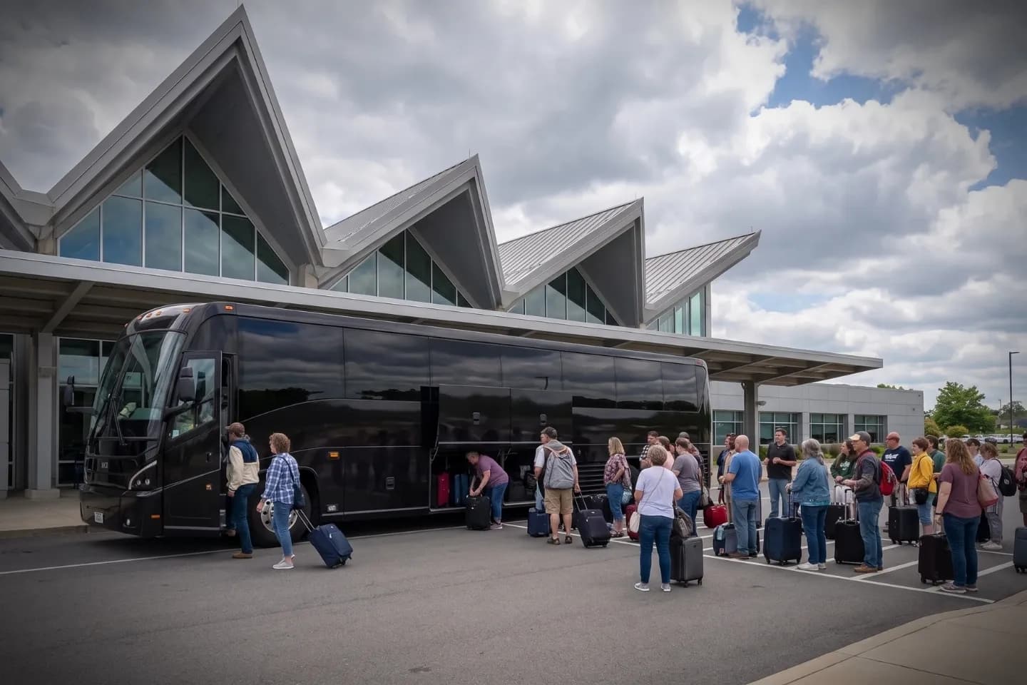 Spacious interior of a Reading Regional Airport charter bus with reclining seats