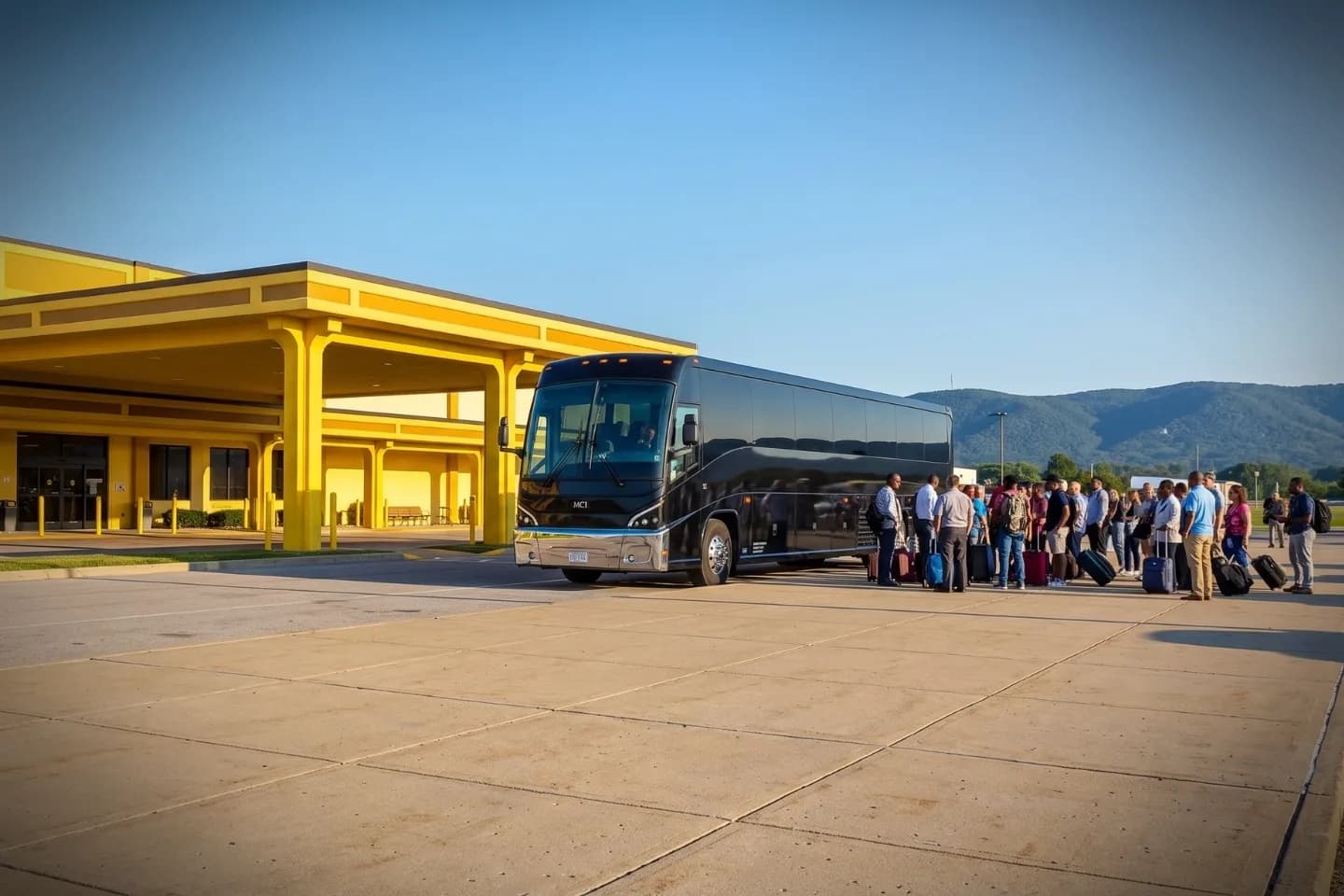 Charter bus rental parked at the Altoona Blair County Airport AOO terminal in Martinsburg