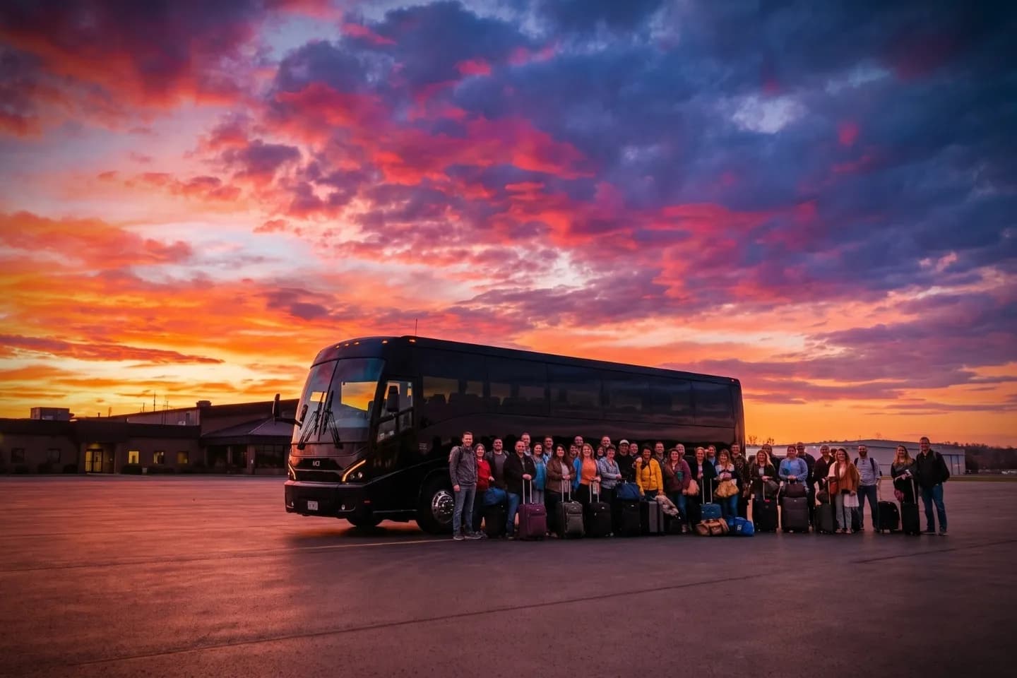 Motor coach parked outside the John Murtha Johnstown Cambria County Airport JST terminal