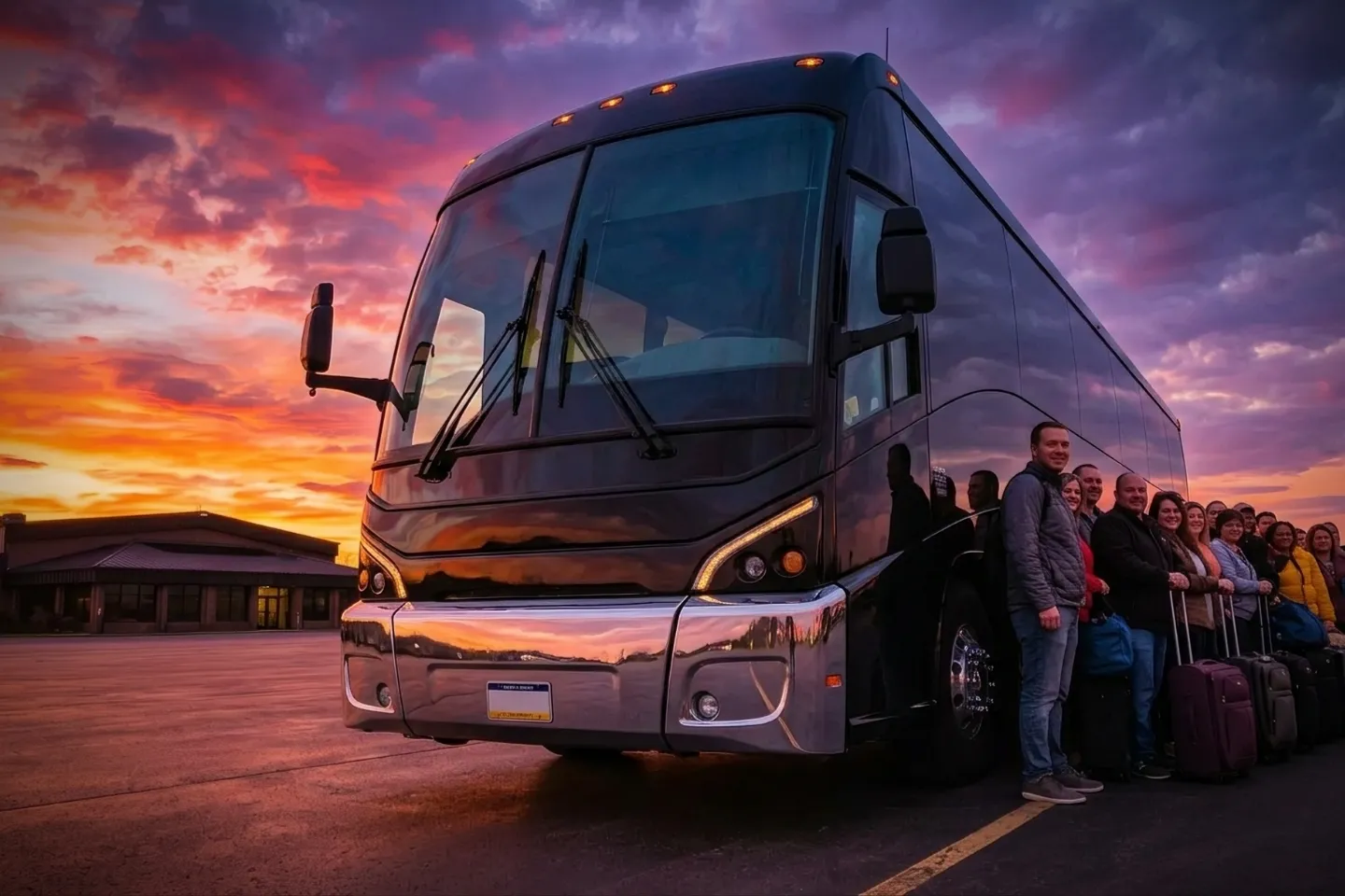 Passengers boarding a charter bus rental at Johnstown Cambria County Airport