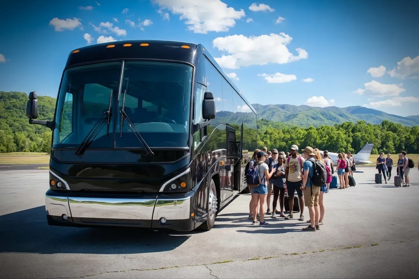 Driver stowing bags in a Franklin Airport charter bus luggage compartment