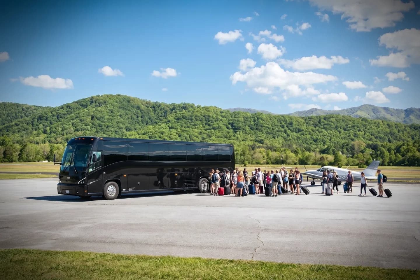 Charter bus rental waiting at the Franklin Regional Airport FKL terminal in Pennsylvania