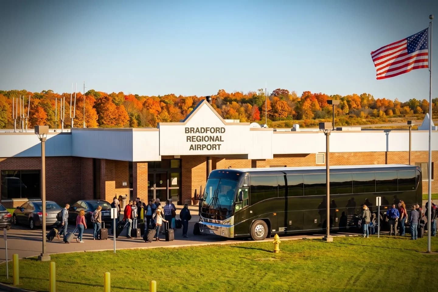 Motor coach parked outside the Bradford Regional Airport BFD terminal in Lewis Run