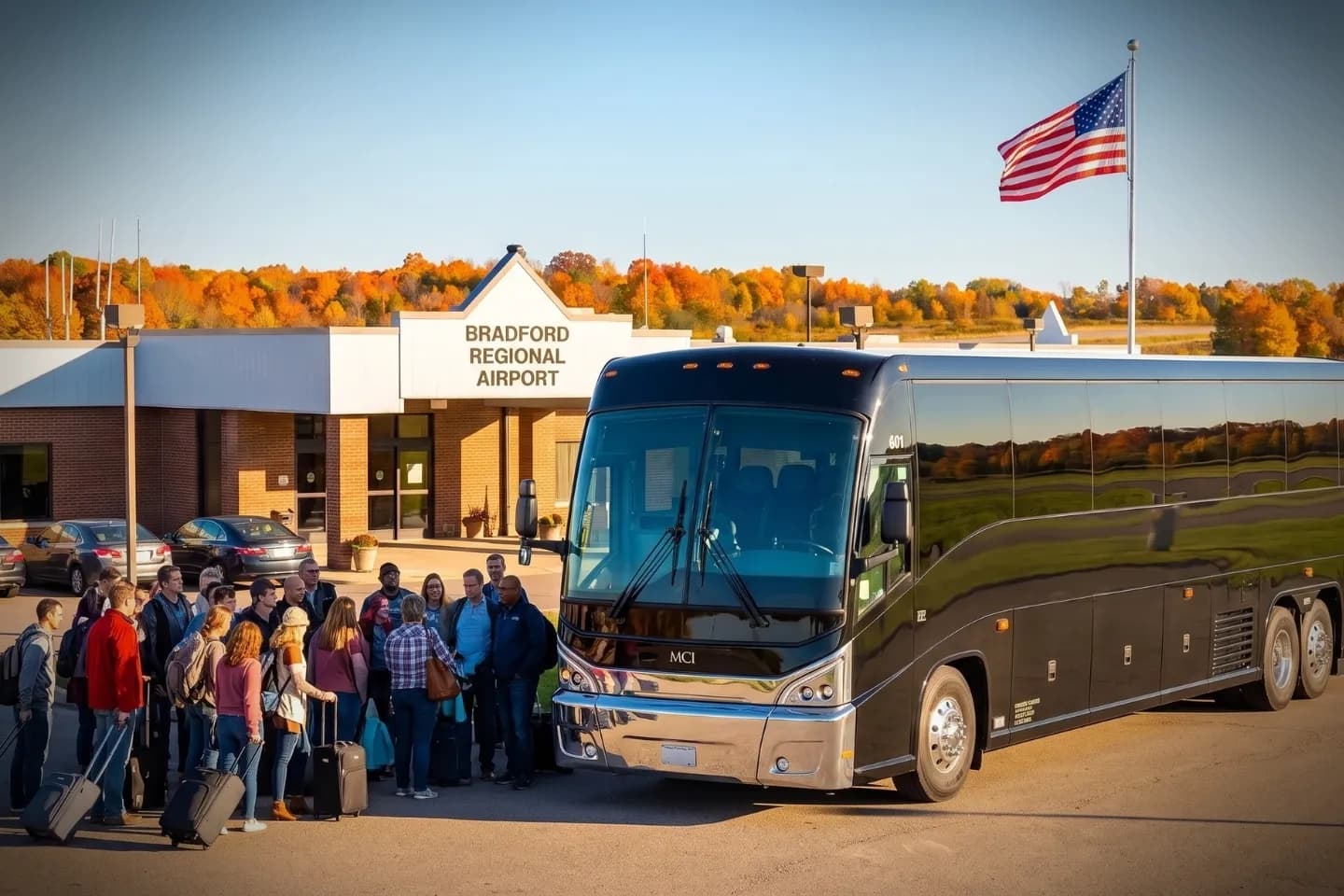Chauffeur loading luggage into a BFD Airport charter bus