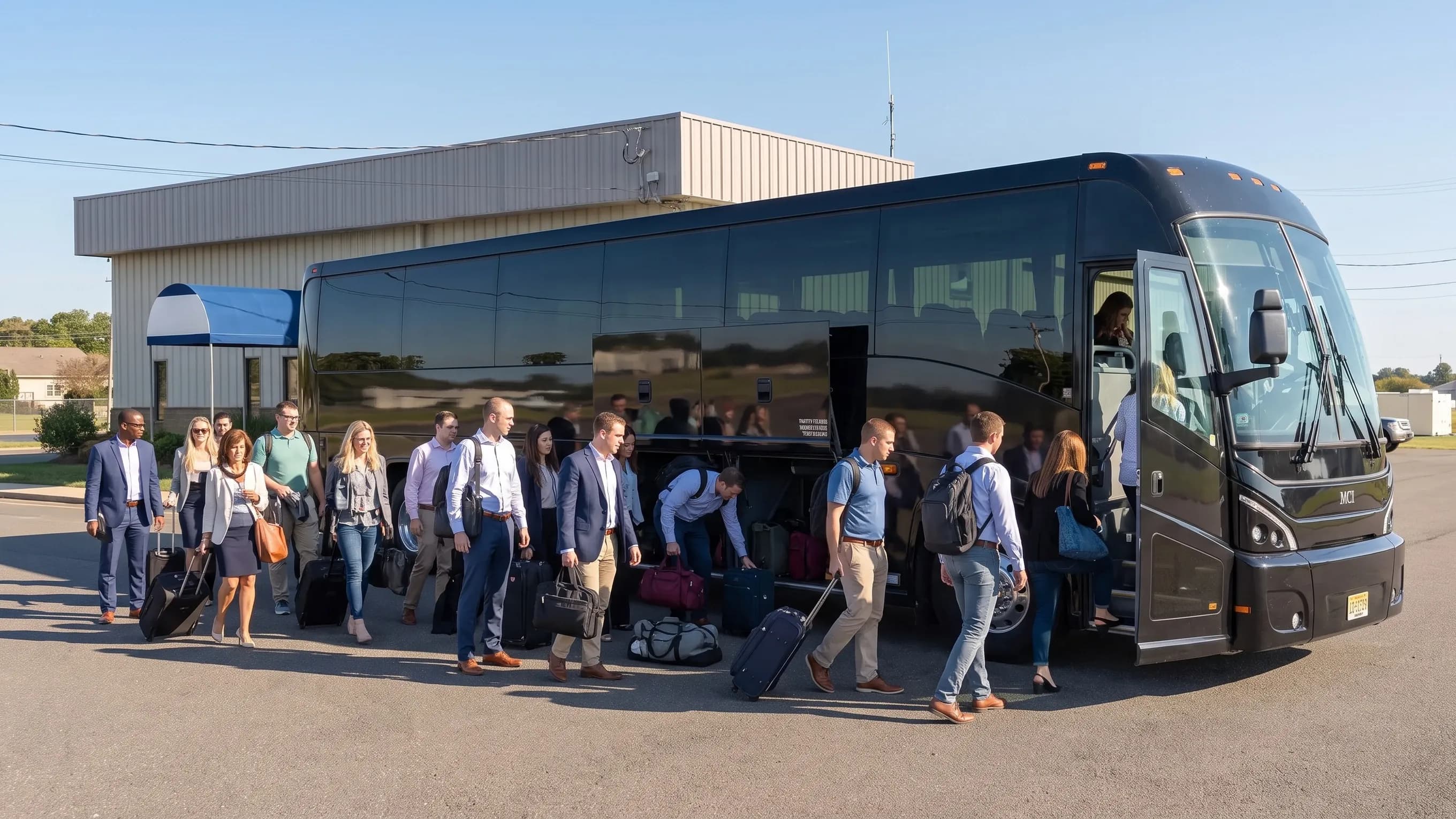 Business group boarding a coach beside private jets at BLM airport