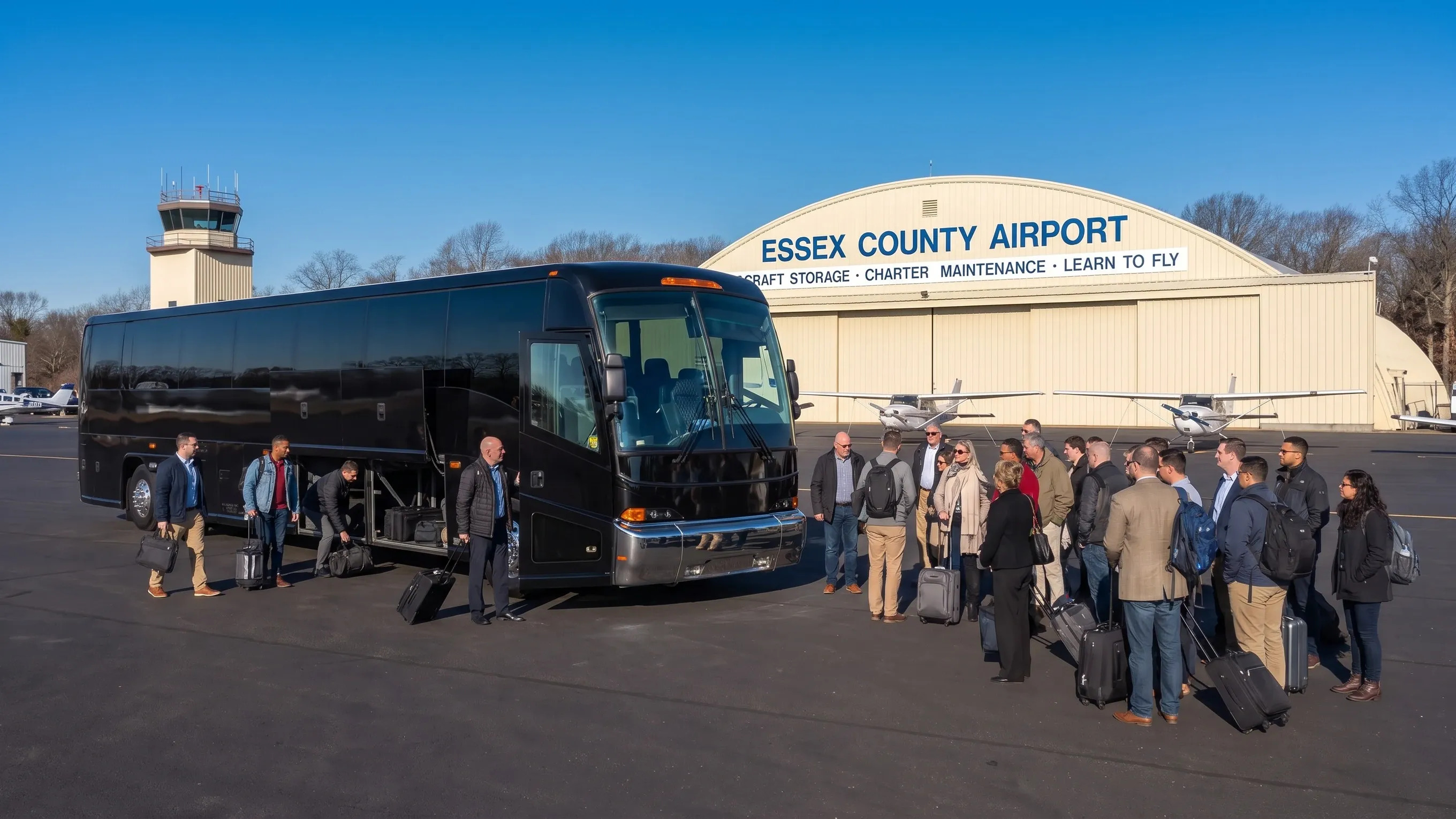 Group boarding a motorcoach outside the Caldwell CDW airport terminal