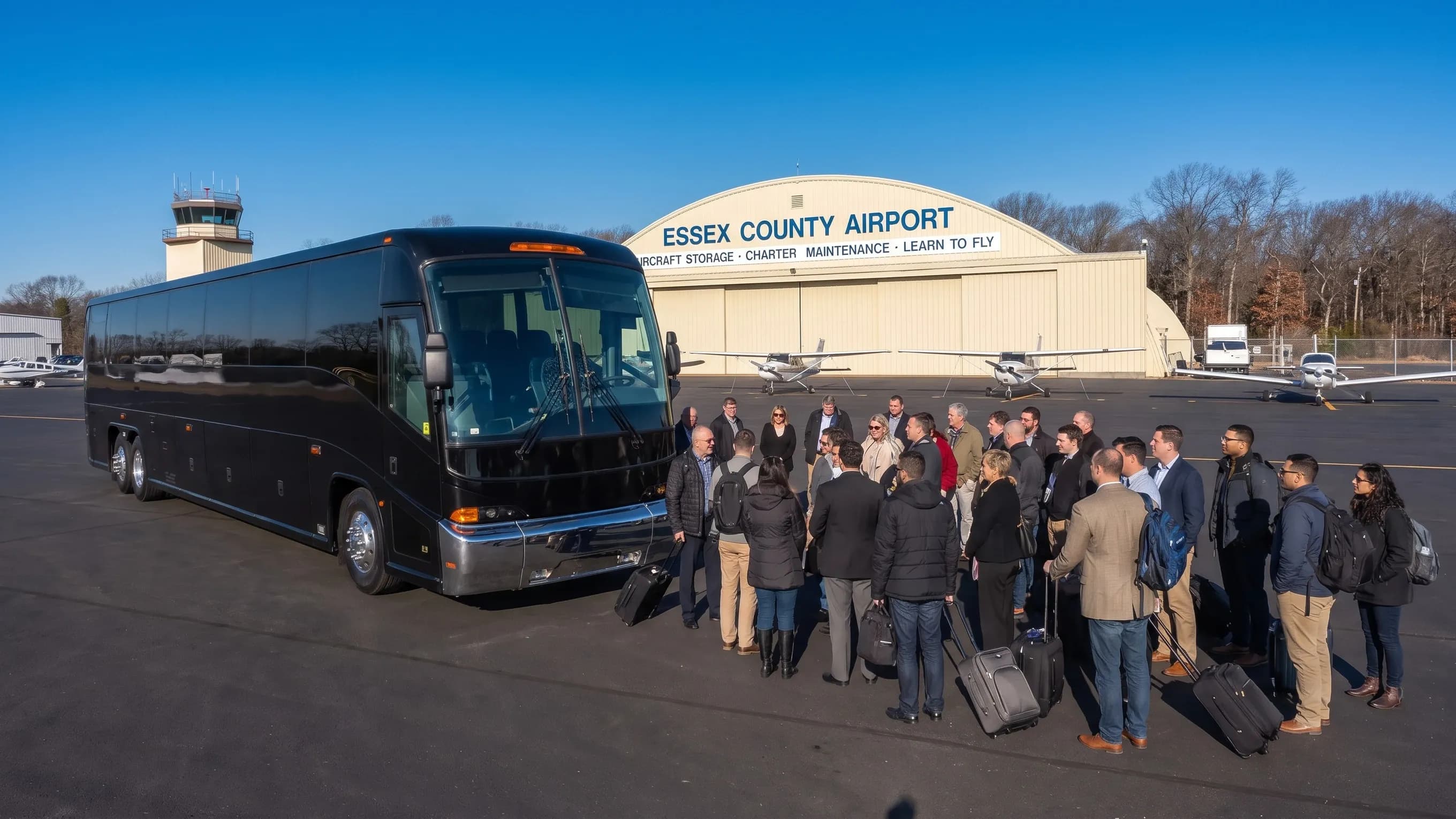Driver loading luggage into a charter bus at Caldwell Essex County Airport