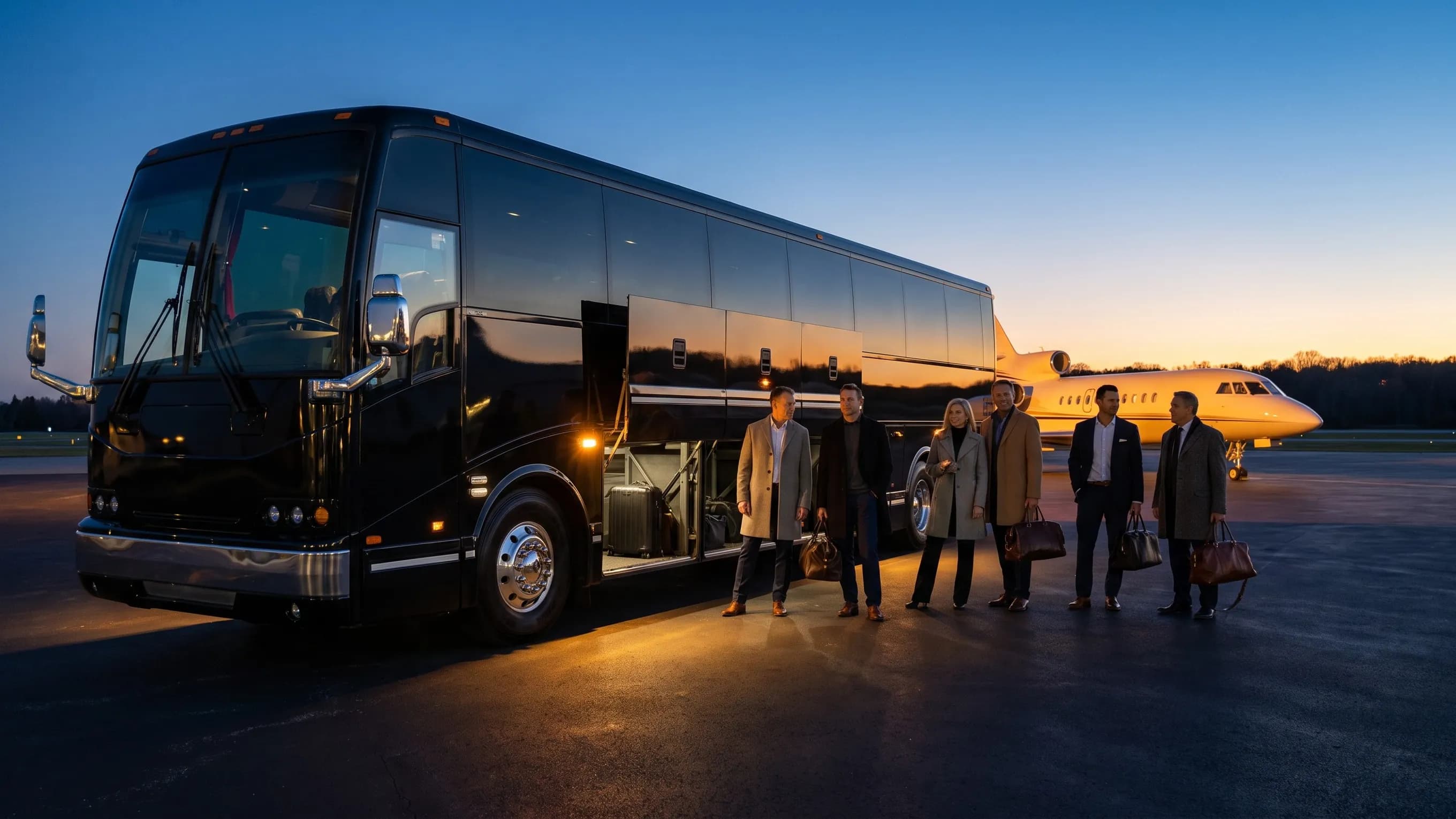 Motorcoach waiting near single-engine planes at Somerset Airport