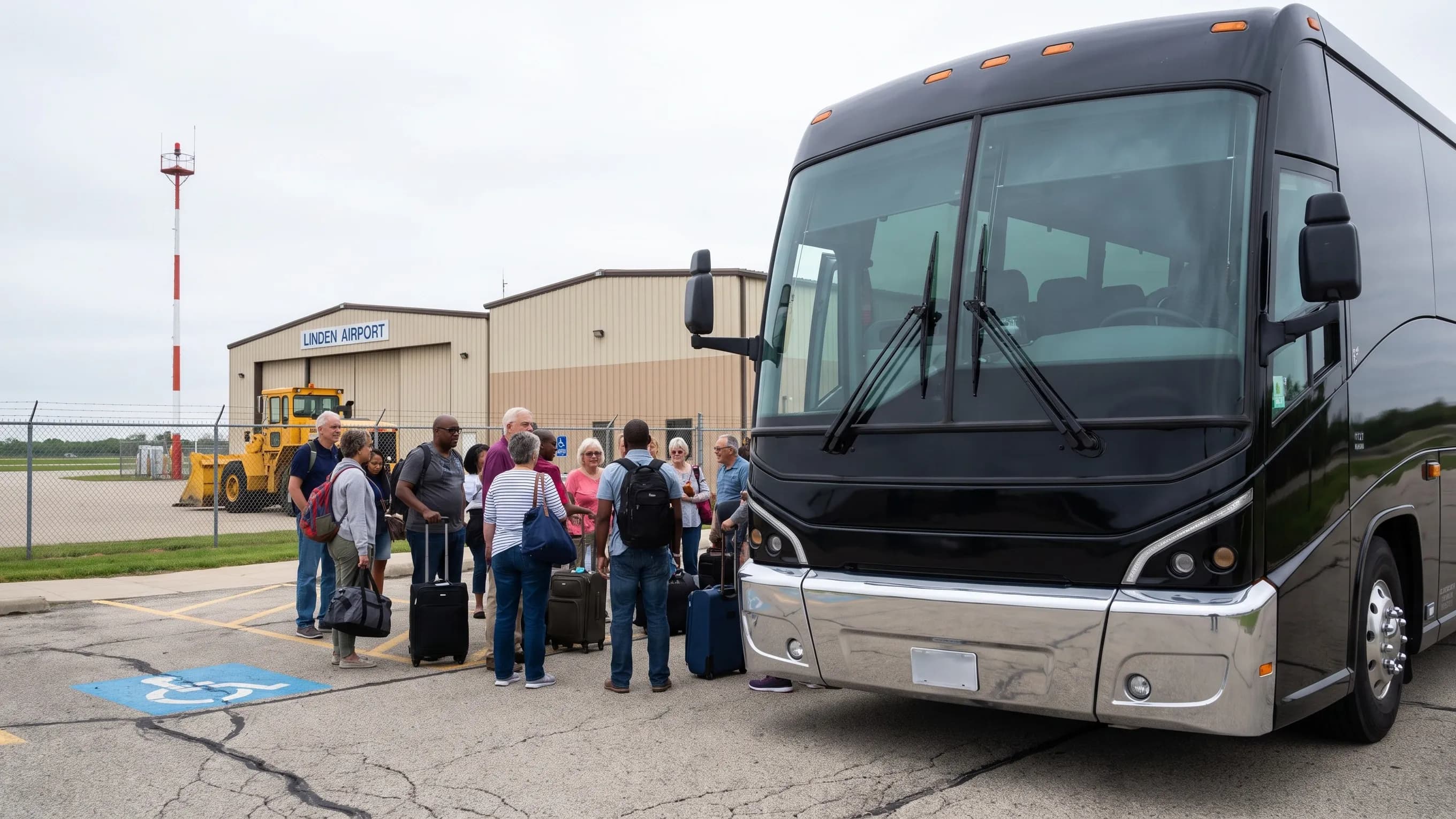 Passengers boarding a motorcoach near light aircraft at LDJ airport