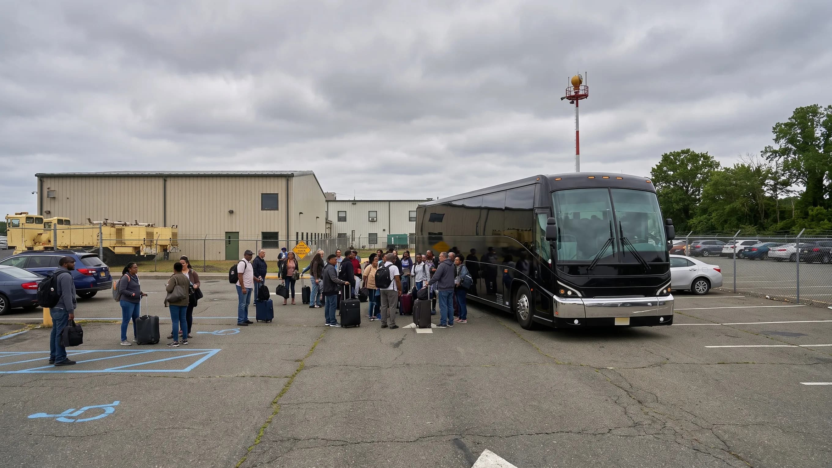 Charter bus parked outside the Linden Airport terminal in Union County