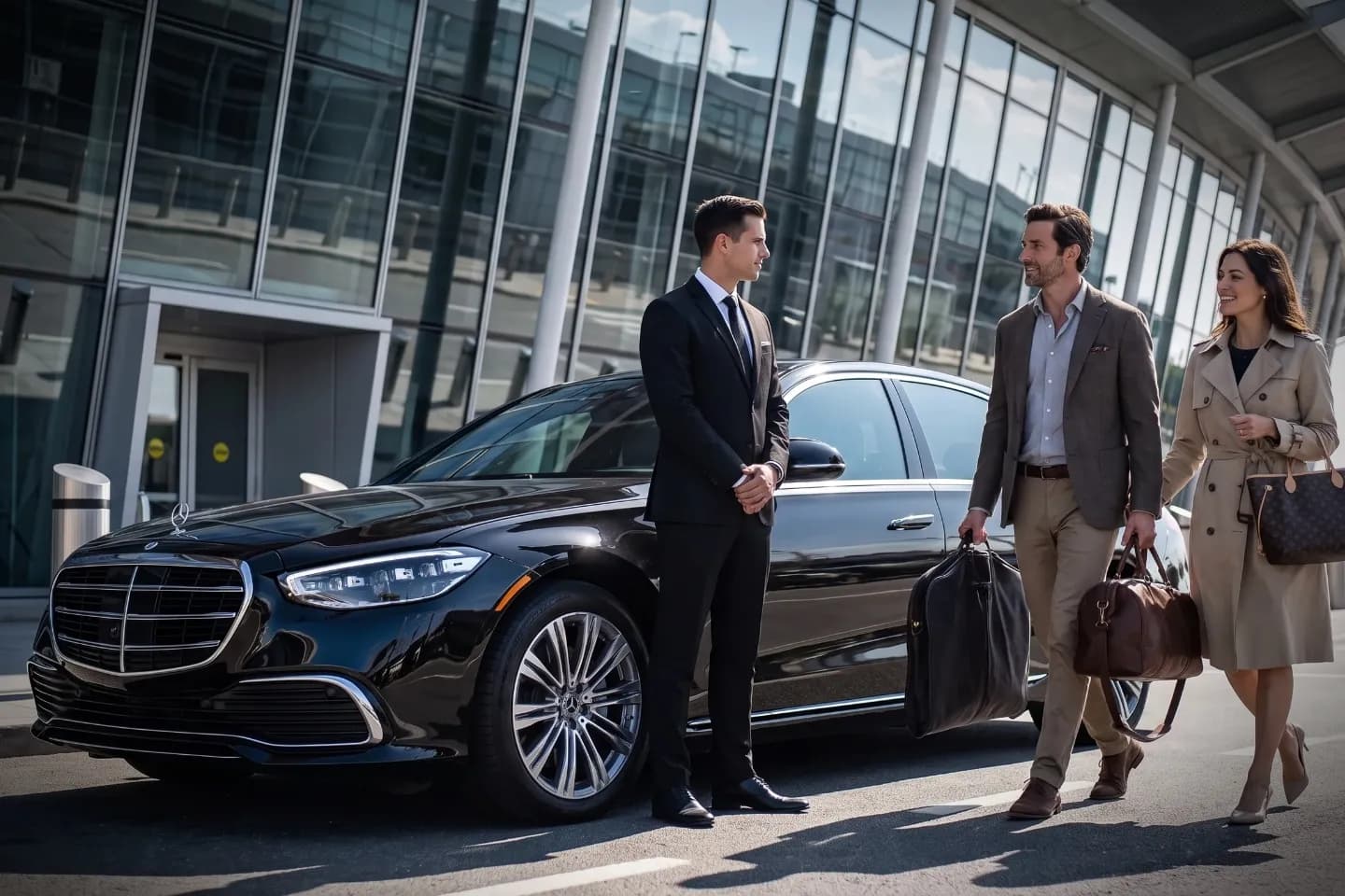 Traveler stepping into a chauffeured car at JFK Airport departures level