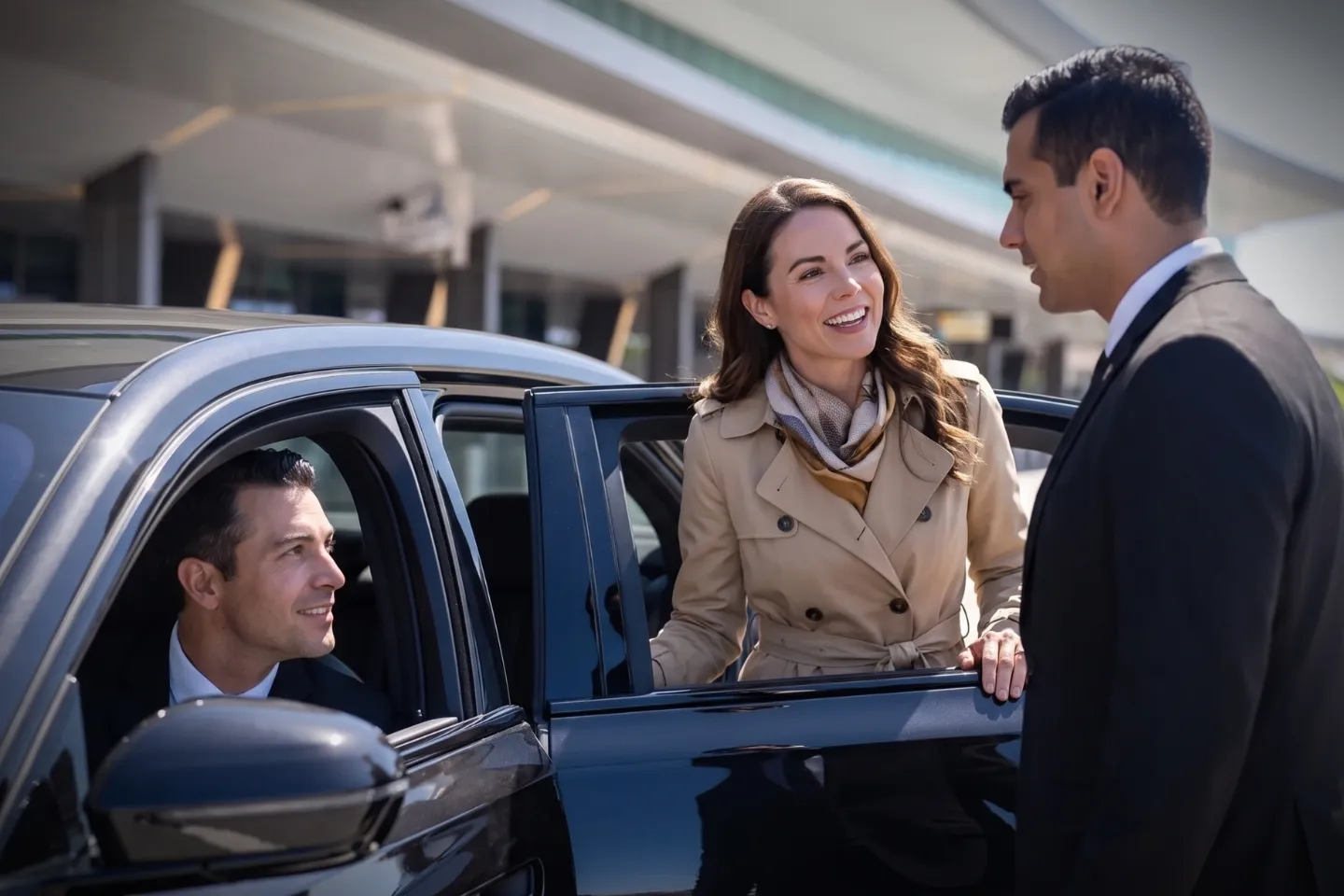 Luxury SUV pulling up to LGA Airport departures with a uniformed chauffeur