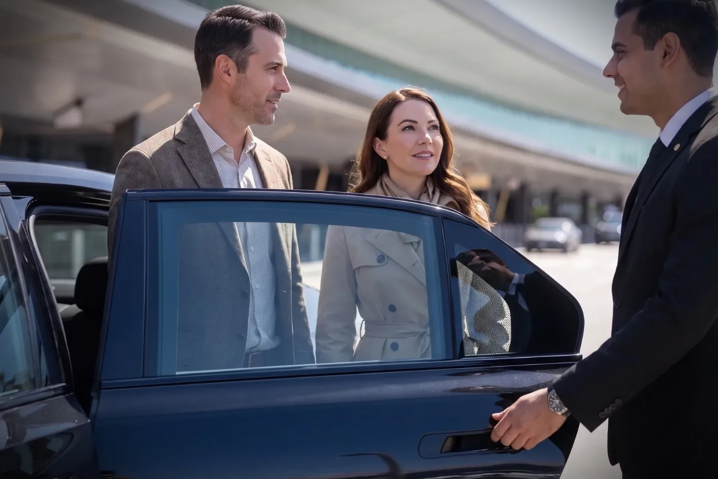 Chauffeur placing suitcases into the trunk outside LaGuardia Airport arrivals