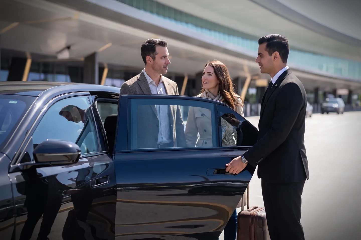 Black sedan parked at LaGuardia Airport curbside ready for a chauffeur pickup