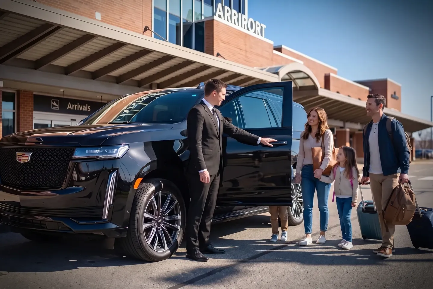 Passenger boarding a chauffeured SUV outside Albany International Airport terminal