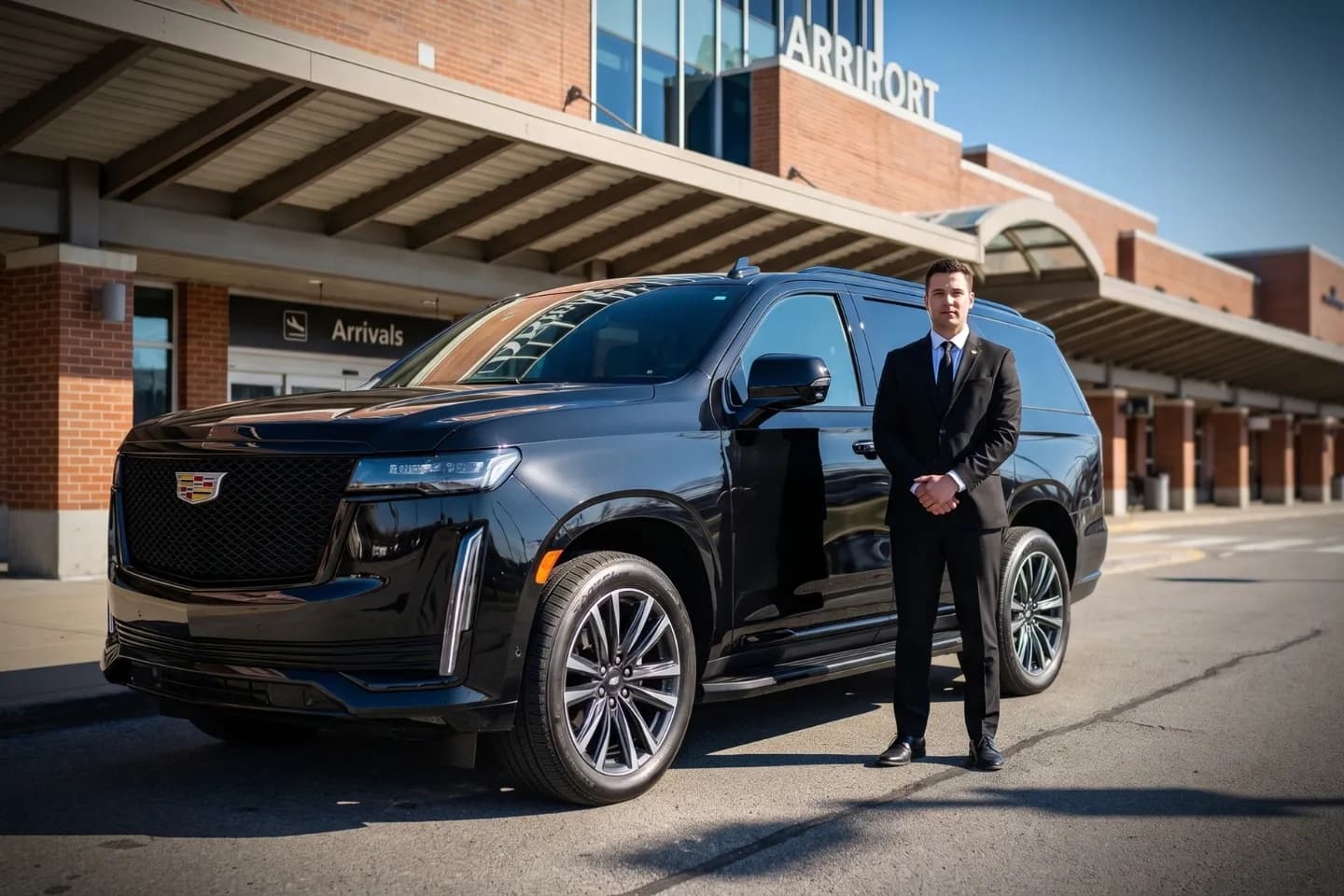 Black luxury sedan idling at Albany International Airport arrivals curb