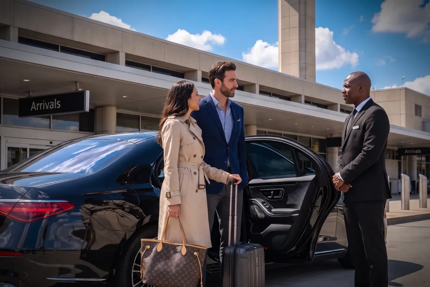 Suited chauffeur holding a personalized greeting sign inside EWR arrivals hall