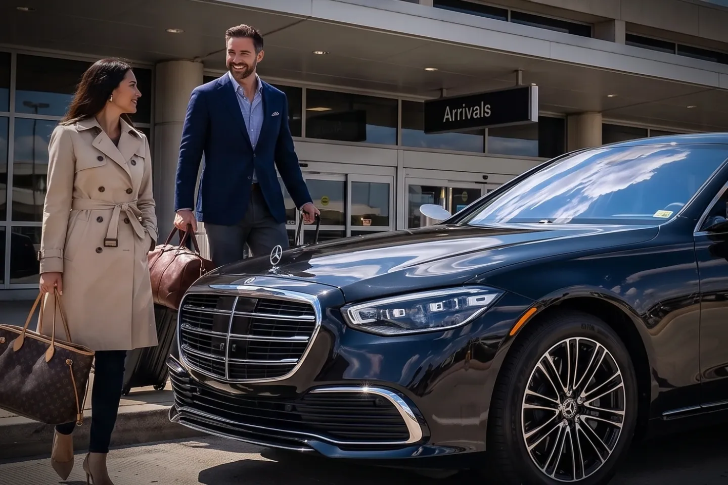 Executive SUV parked outside EWR Airport ready for corporate transfer