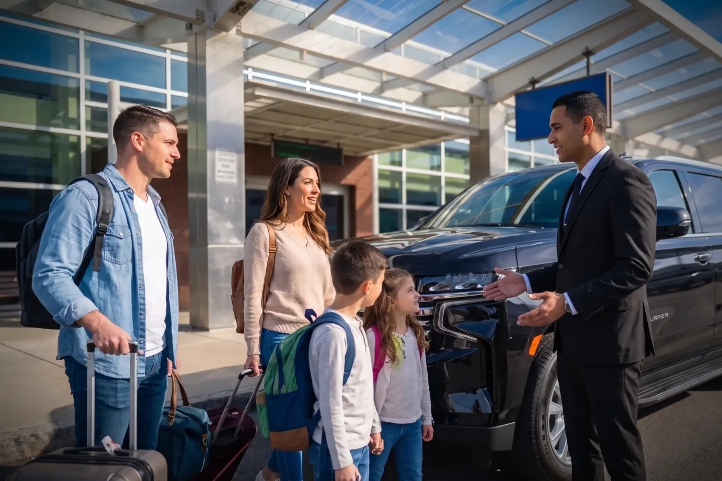 Chauffeur greeting an arriving passenger with a name sign at SYR Airport