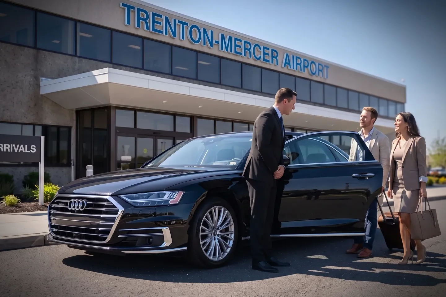 Professional driver opening the door for an executive passenger outside TTN arrivals