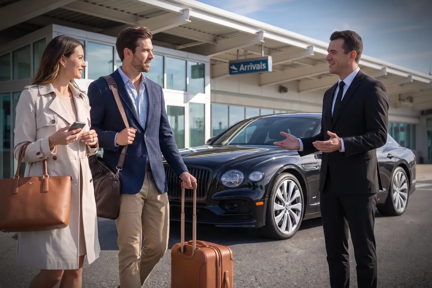 Luxury SUV parked outside Long Island MacArthur Airport for a chauffeur pickup