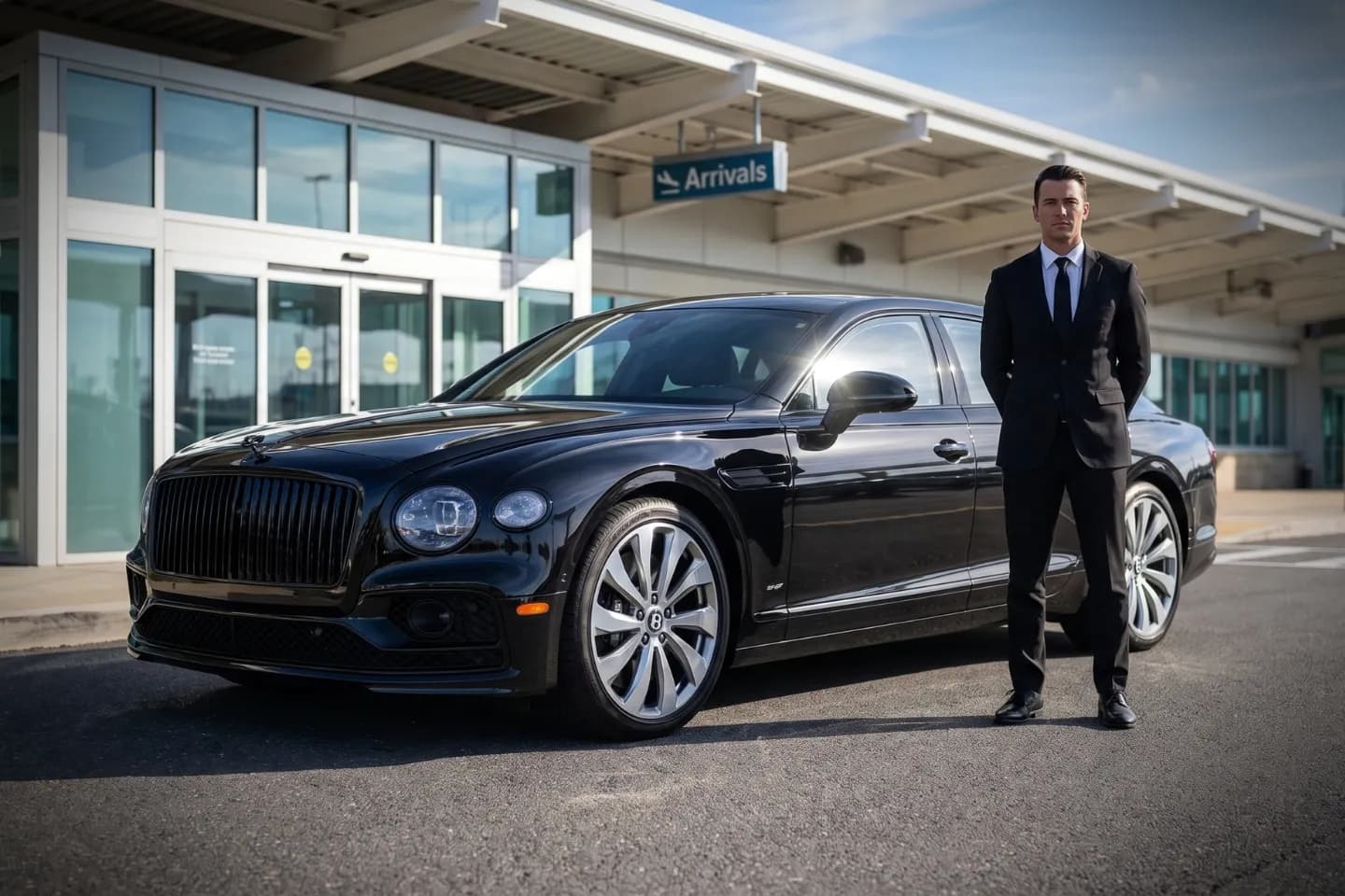 Black luxury sedan idling at Long Island MacArthur Airport arrivals curb