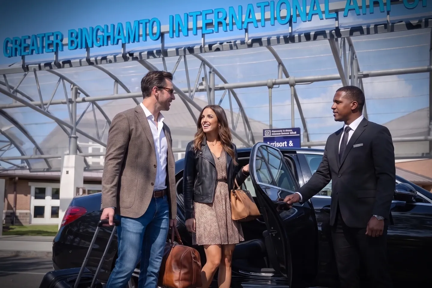 Passenger stepping into a chauffeur driven car at Ithaca Tompkins Airport