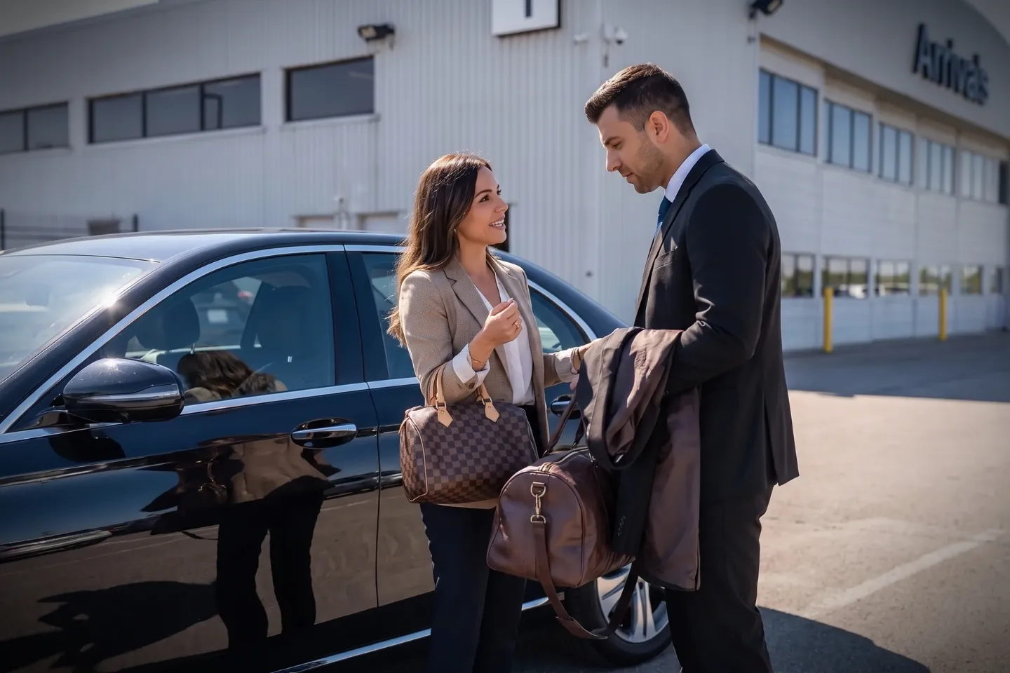 Suited chauffeur loading high-end luggage into an executive SUV trunk at a Teterboro FBO terminal