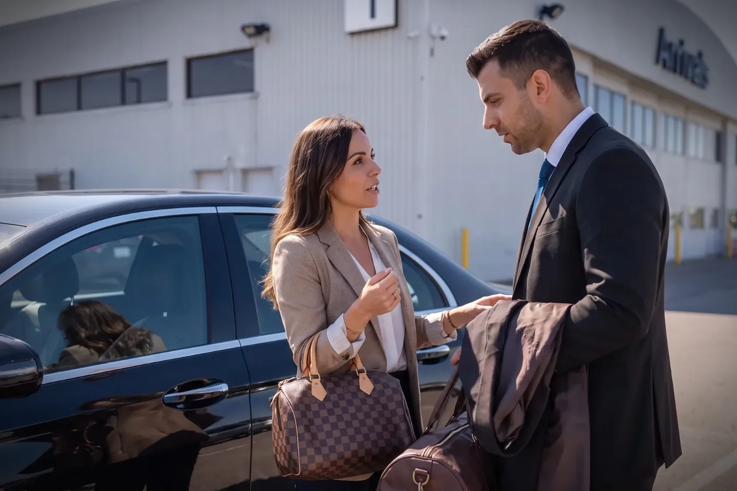 Professional chauffeur opening the door for an executive stepping off a private aircraft at TEB