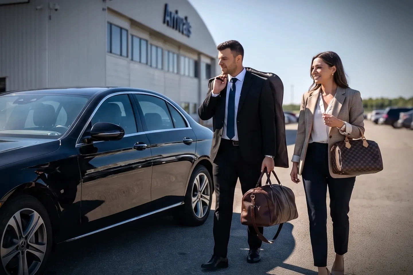 Black luxury SUV waiting on the tarmac ready for plane-side passenger pickup at TEB