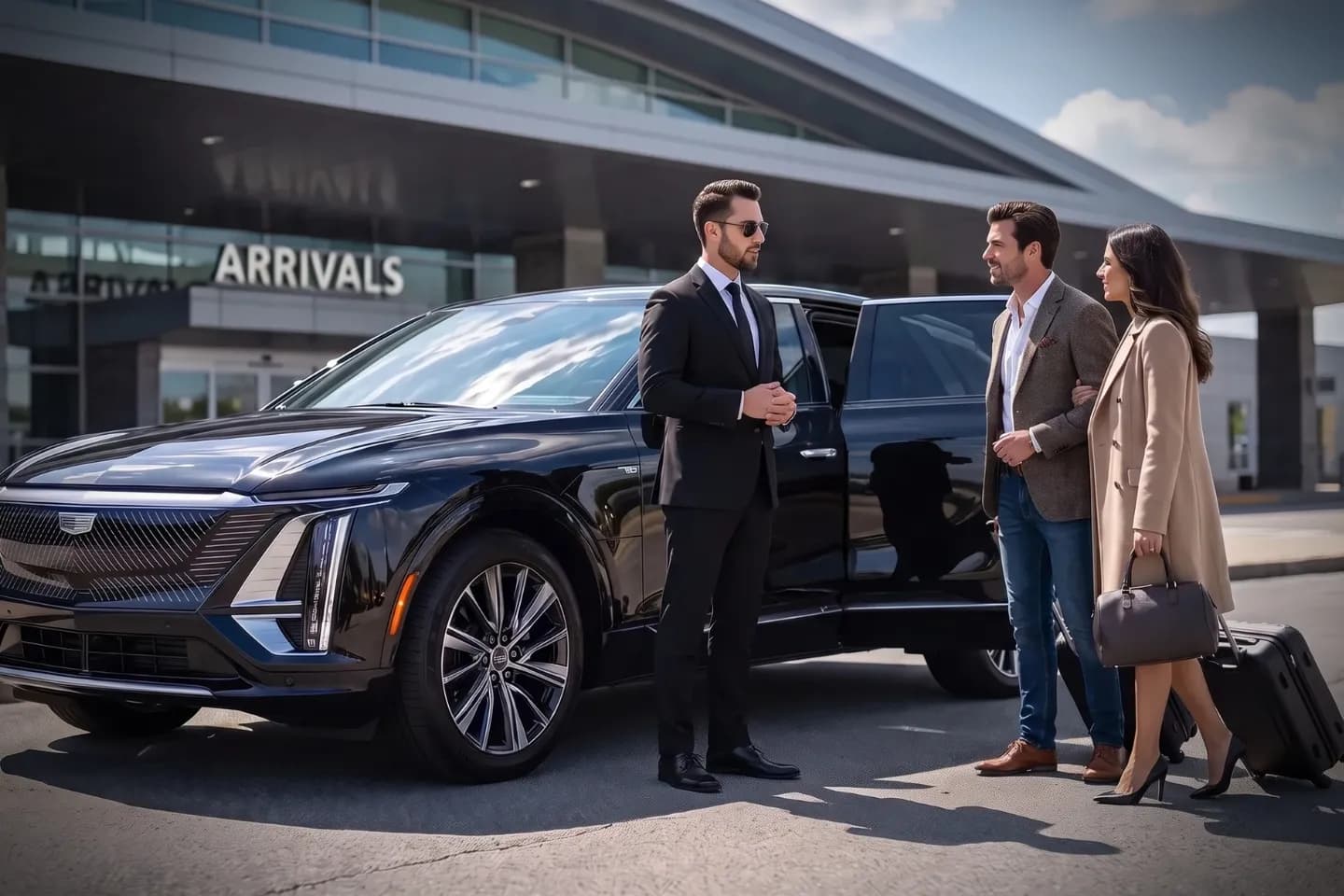 Traveler boarding a chauffeured black car at Niagara Falls International Airport