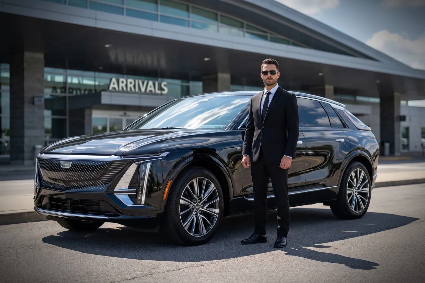Black luxury sedan waiting at Niagara Falls International Airport pickup curb