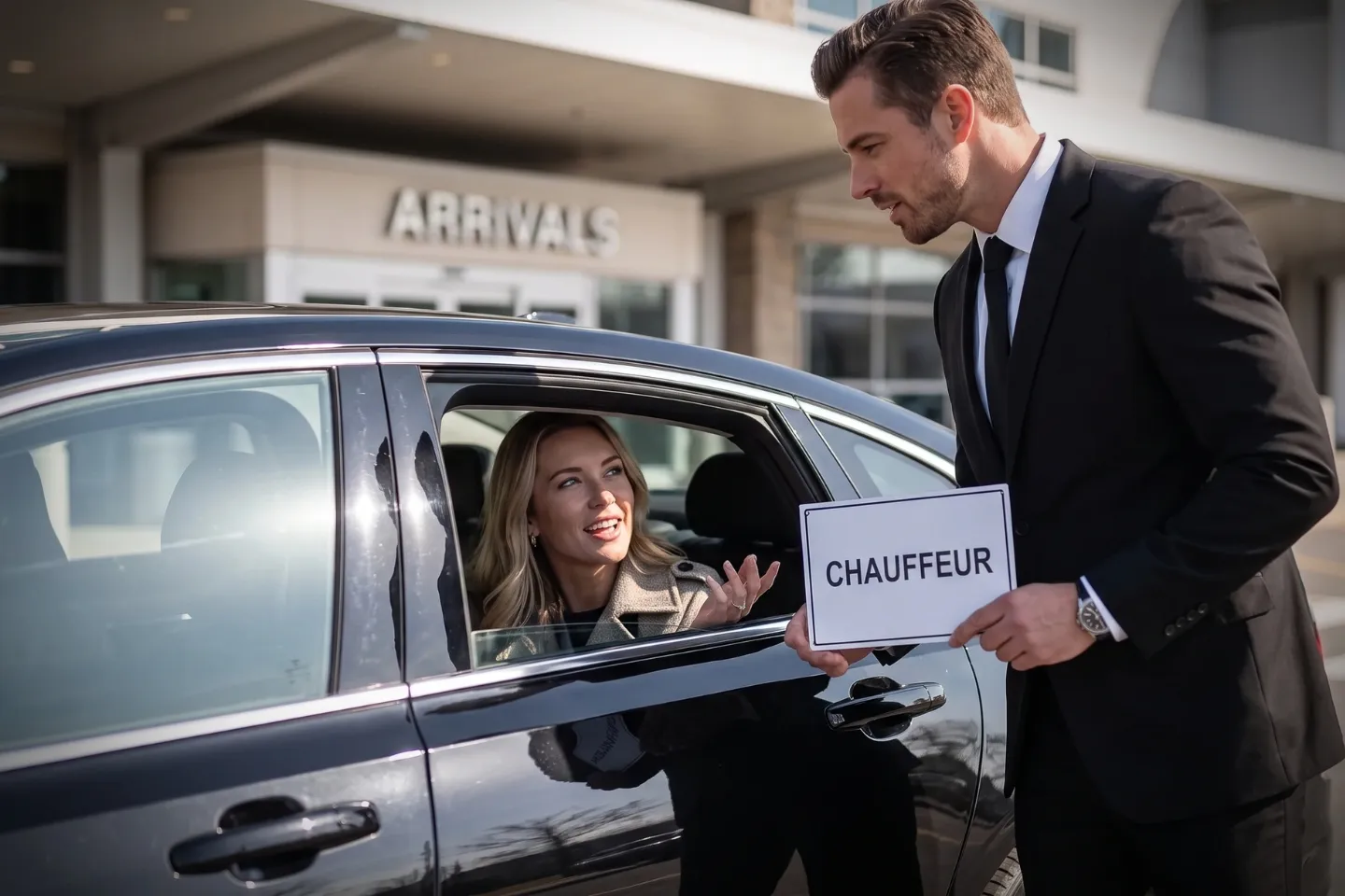 Private chauffeur holding a personalized greeting sign inside a sleek MMU airport FBO lobby