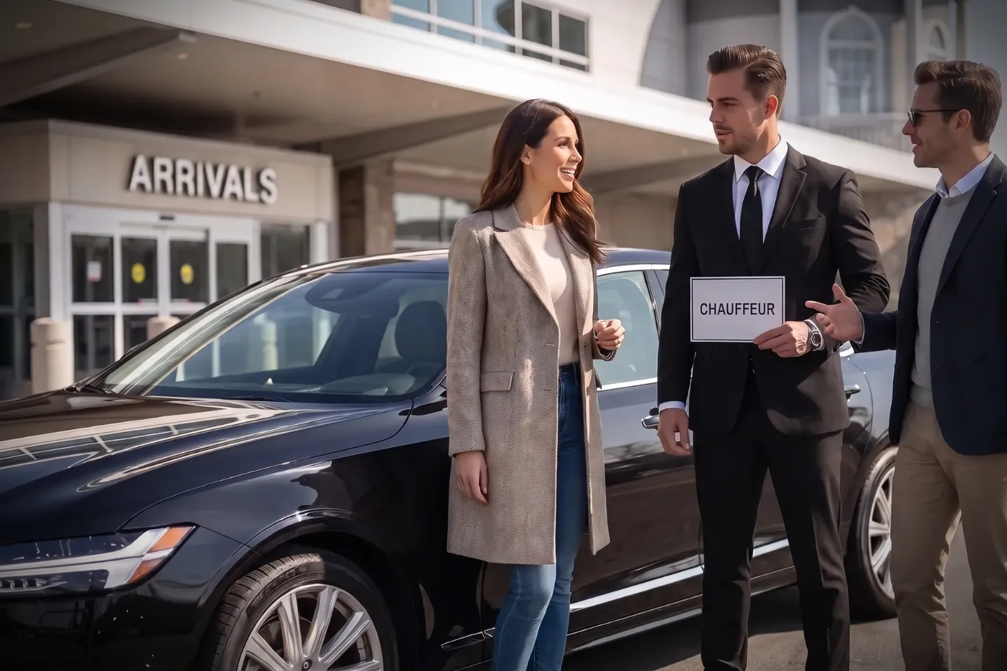 Professional chauffeur holding a passenger door open on the tarmac at MMU