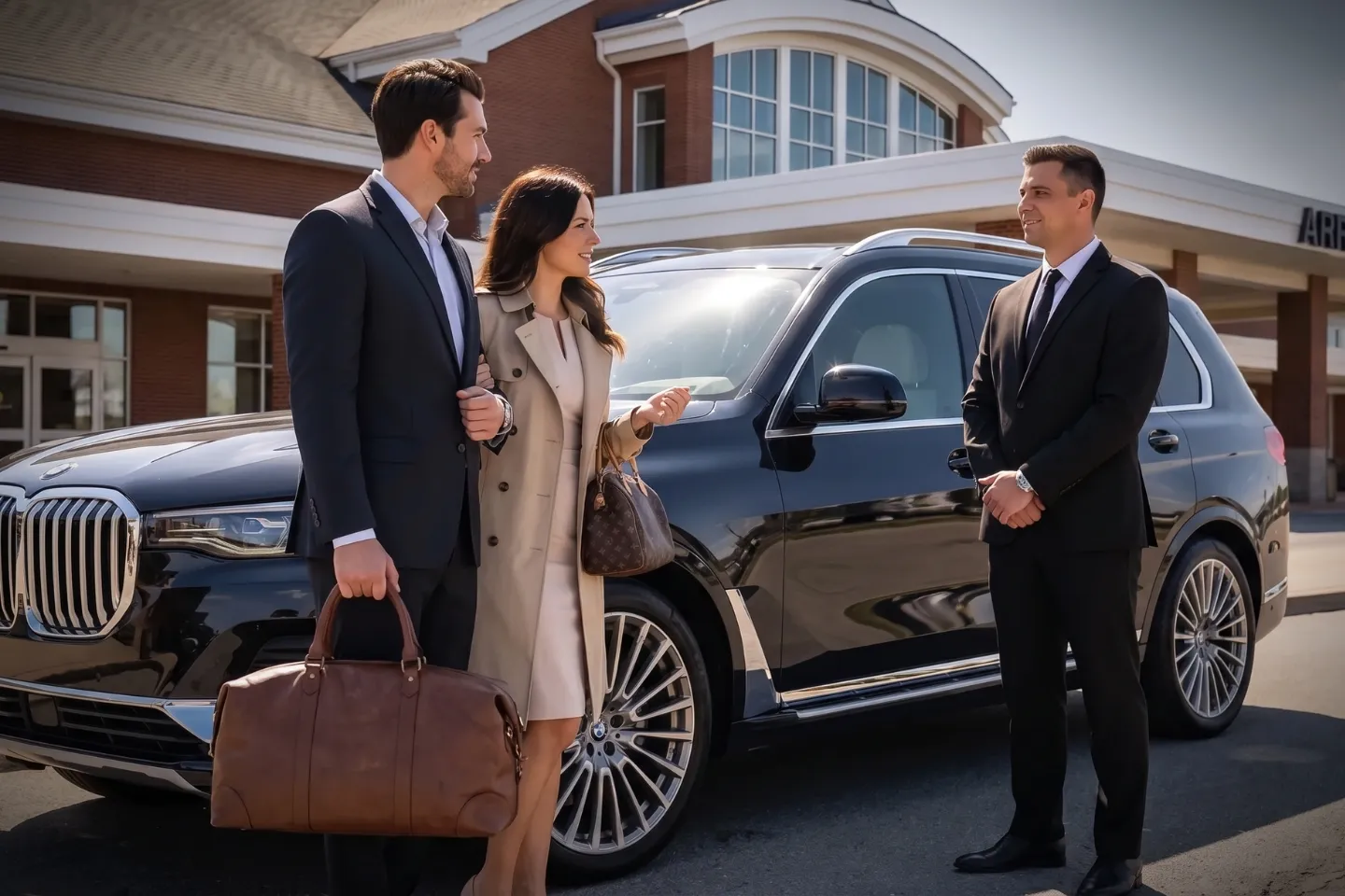 Luxury SUV waiting curbside at Plattsburgh Airport for a private chauffeur transfer