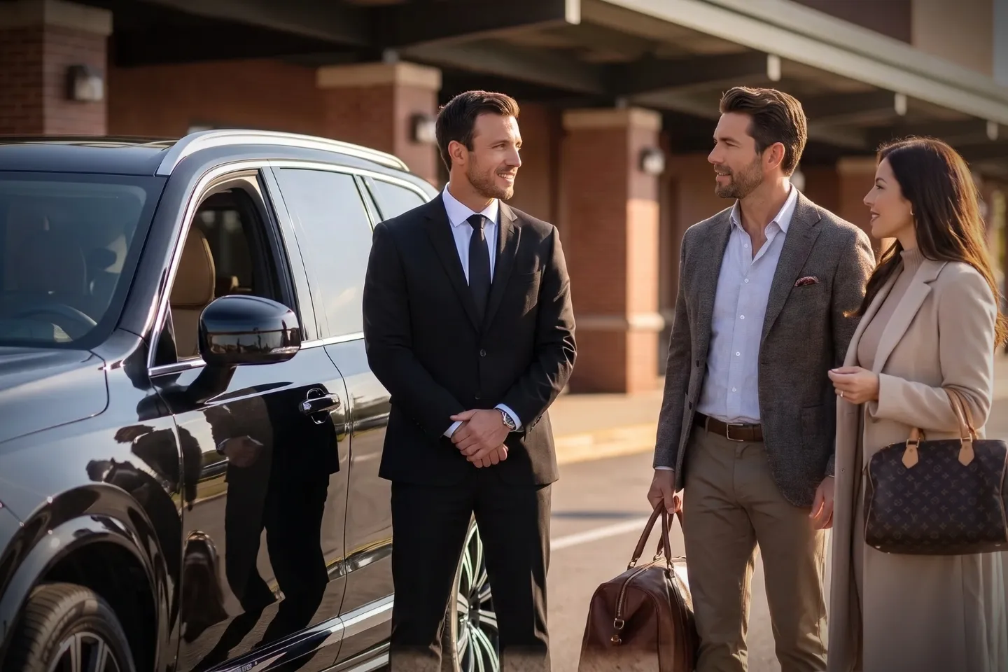 Luxury SUV parked outside Stewart Airport terminal for a private chauffeur pickup