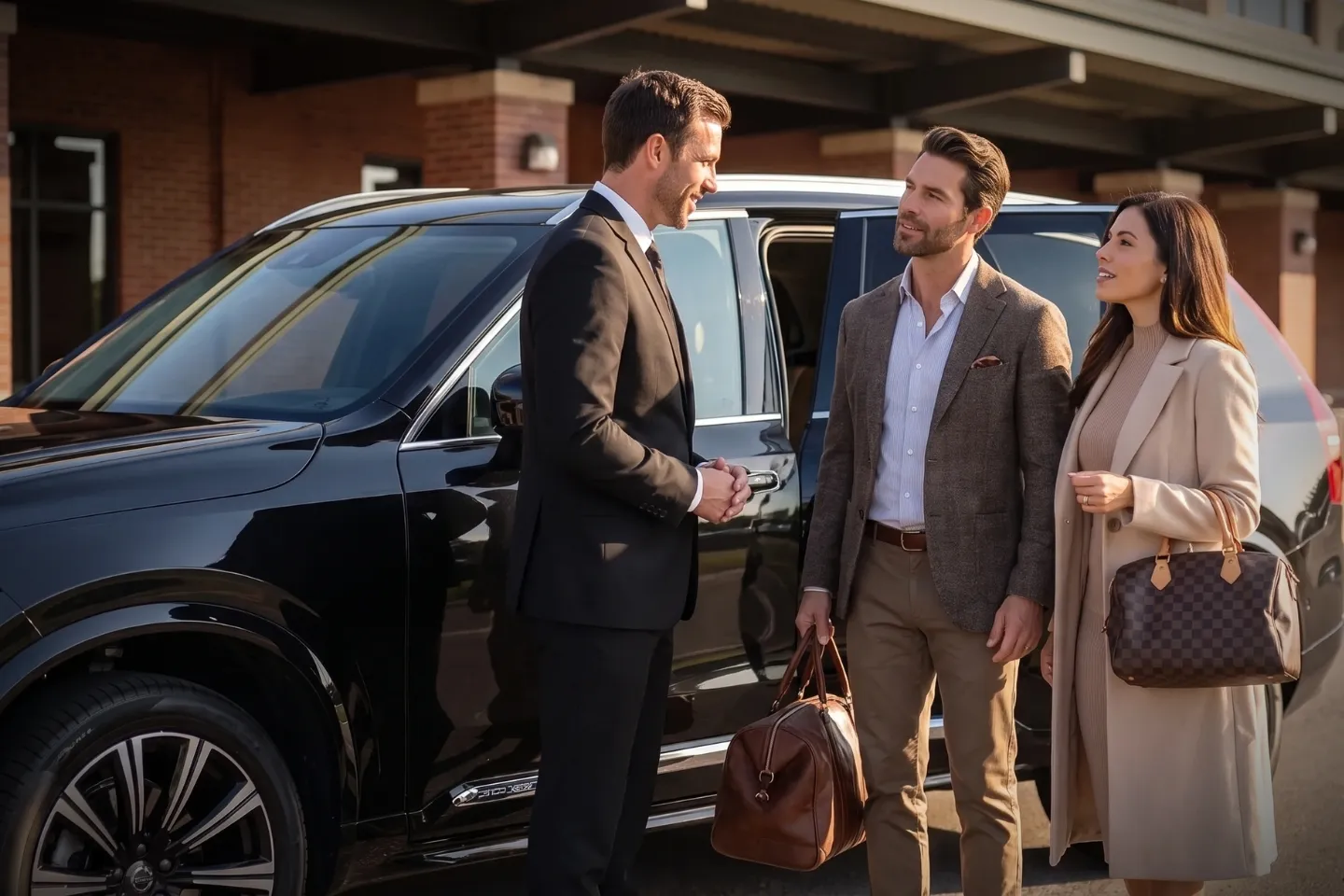 Traveler stepping into a chauffeur driven black car at Stewart International Airport