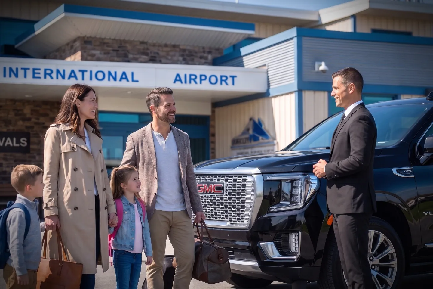 Chauffeur greeting an arriving passenger with a welcome sign at ART Airport