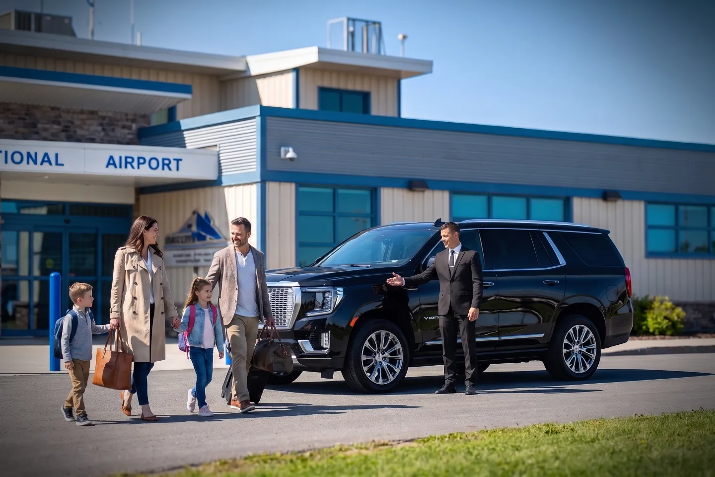Passenger entering a chauffeured black car at Watertown International Airport New York