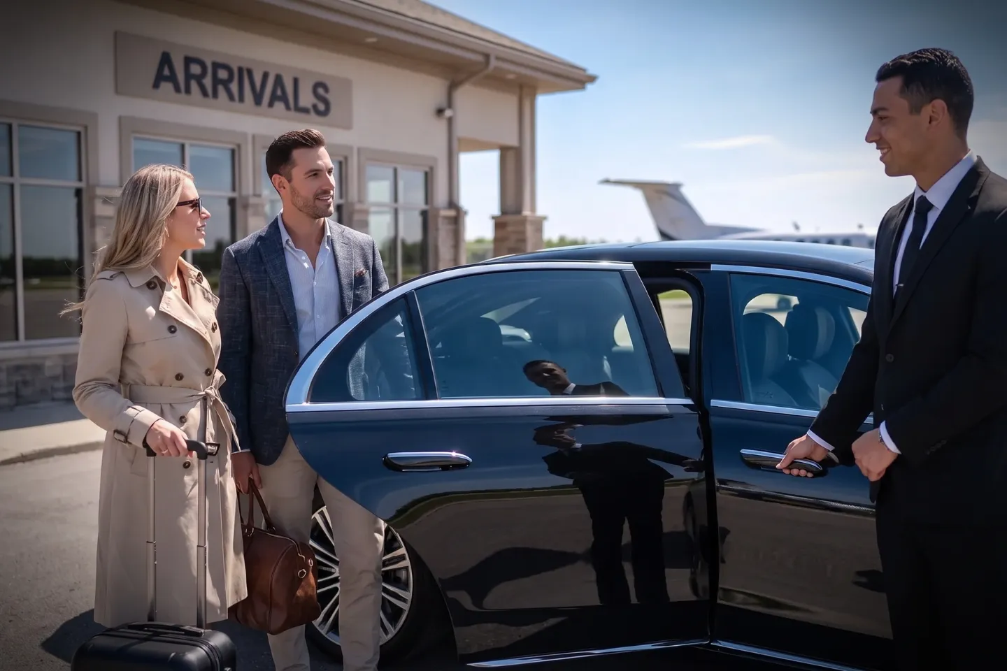 Passenger boarding a chauffeur driven car at Massena International Richards Field