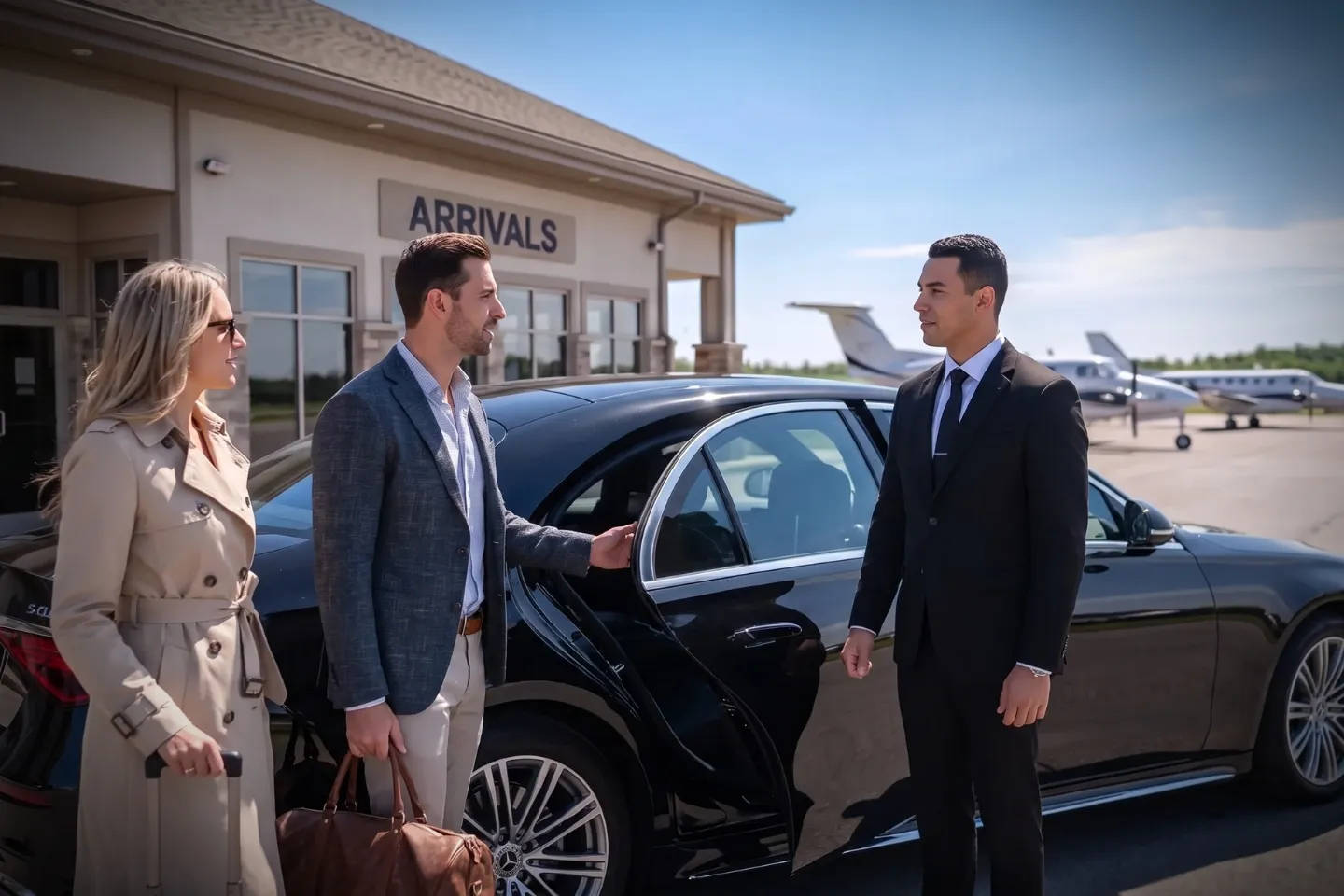 Luxury SUV parked outside Massena Airport terminal for a private chauffeur pickup